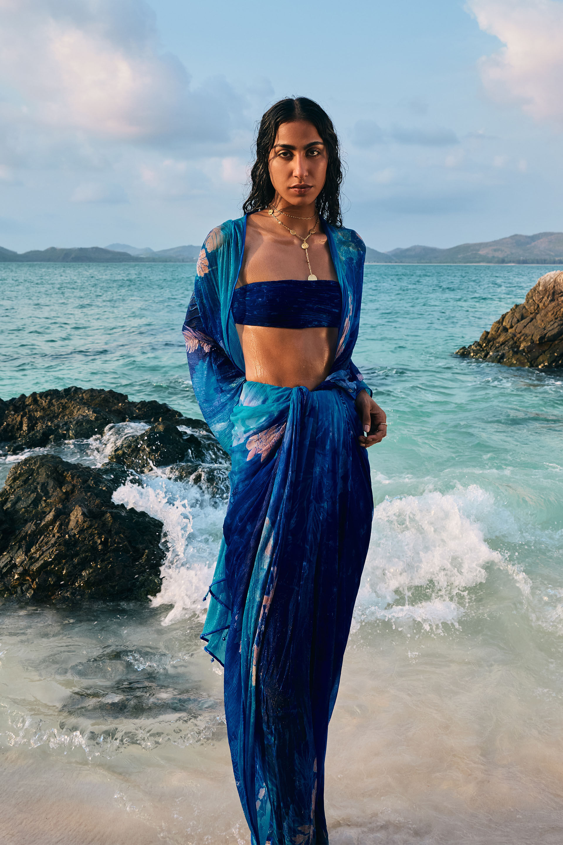 Watersculpt Chiffon Saree, Blue, image 1