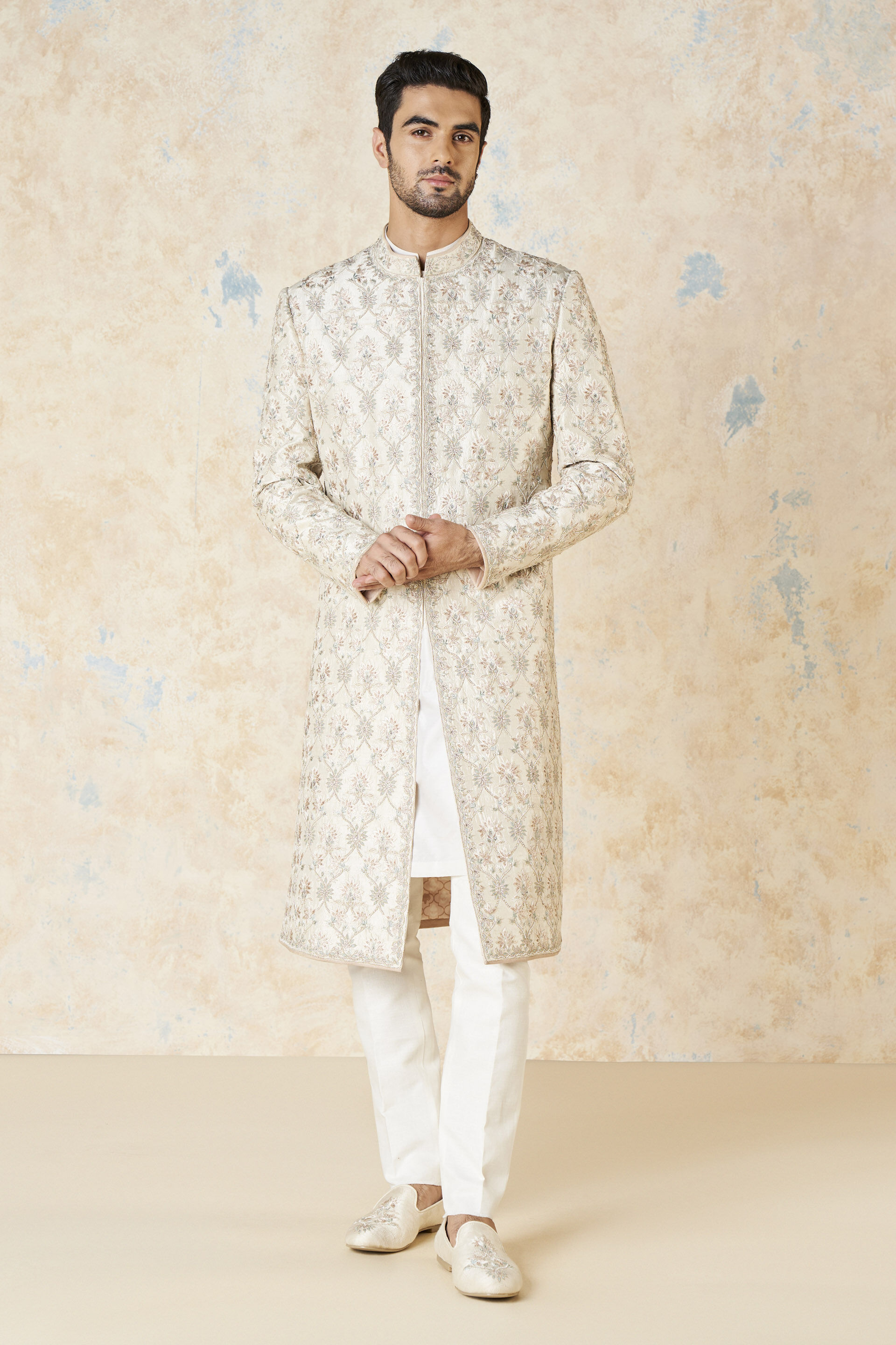 Aasvik Embroidered Silk Sherwani - Ivory