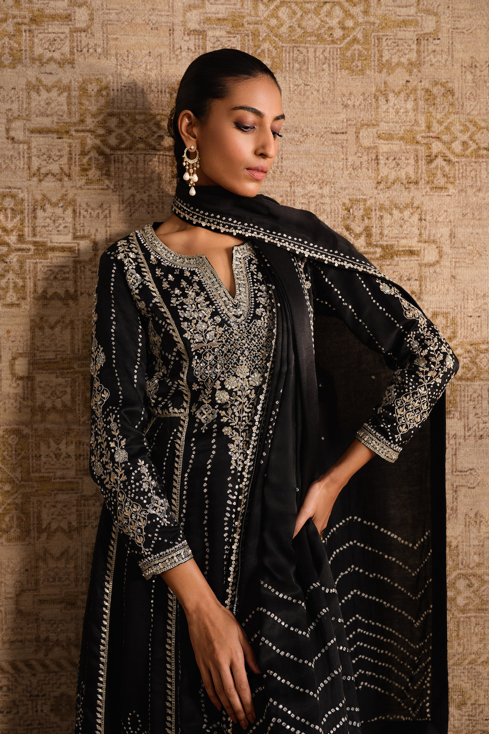 Niruhana Handcrafted Bandhani Silk Suit Set - Black, Black, image 4