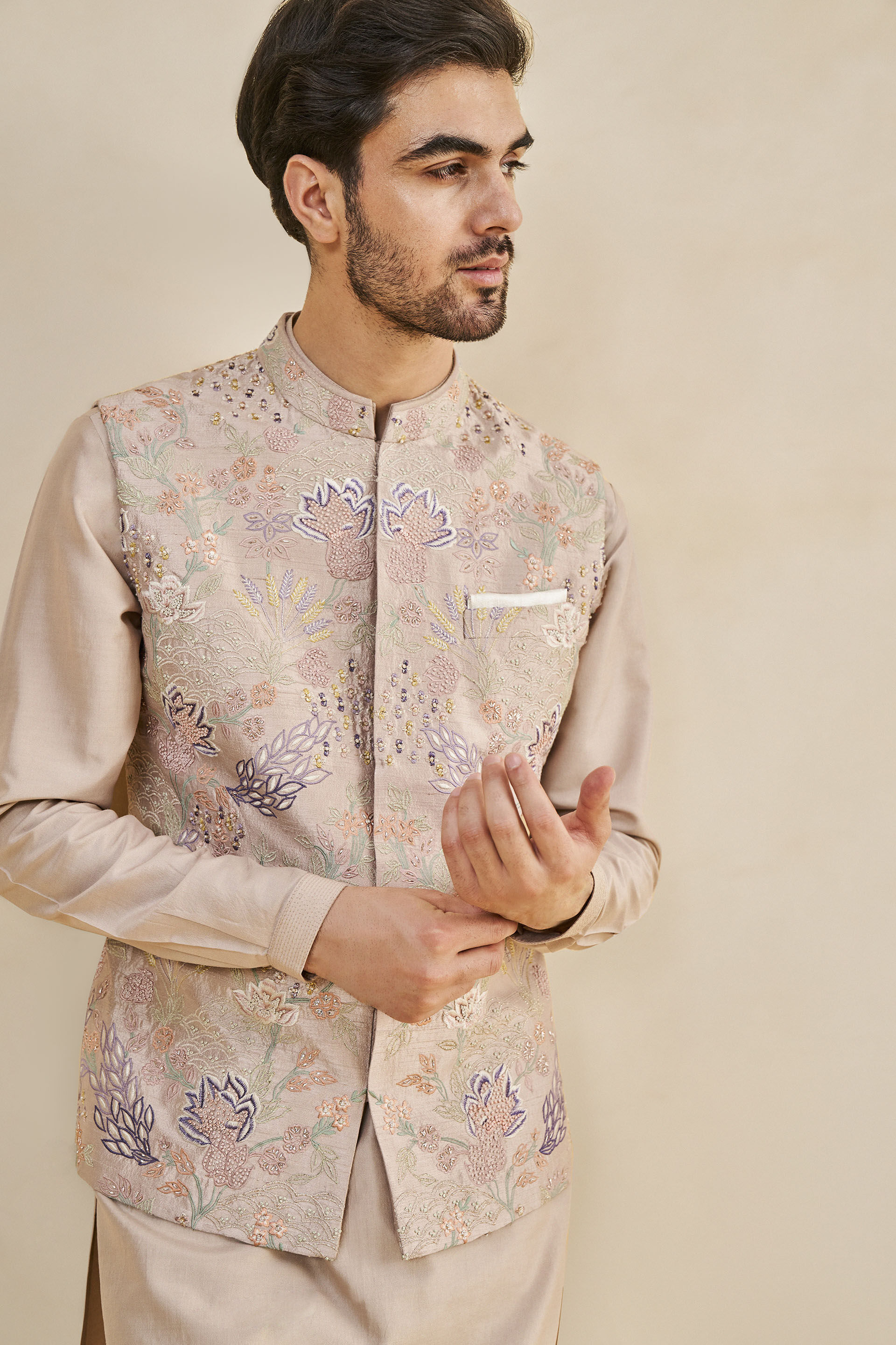 Uttank Embroidered Silk Nehru Jacket - Lavender, Lavender, image 4