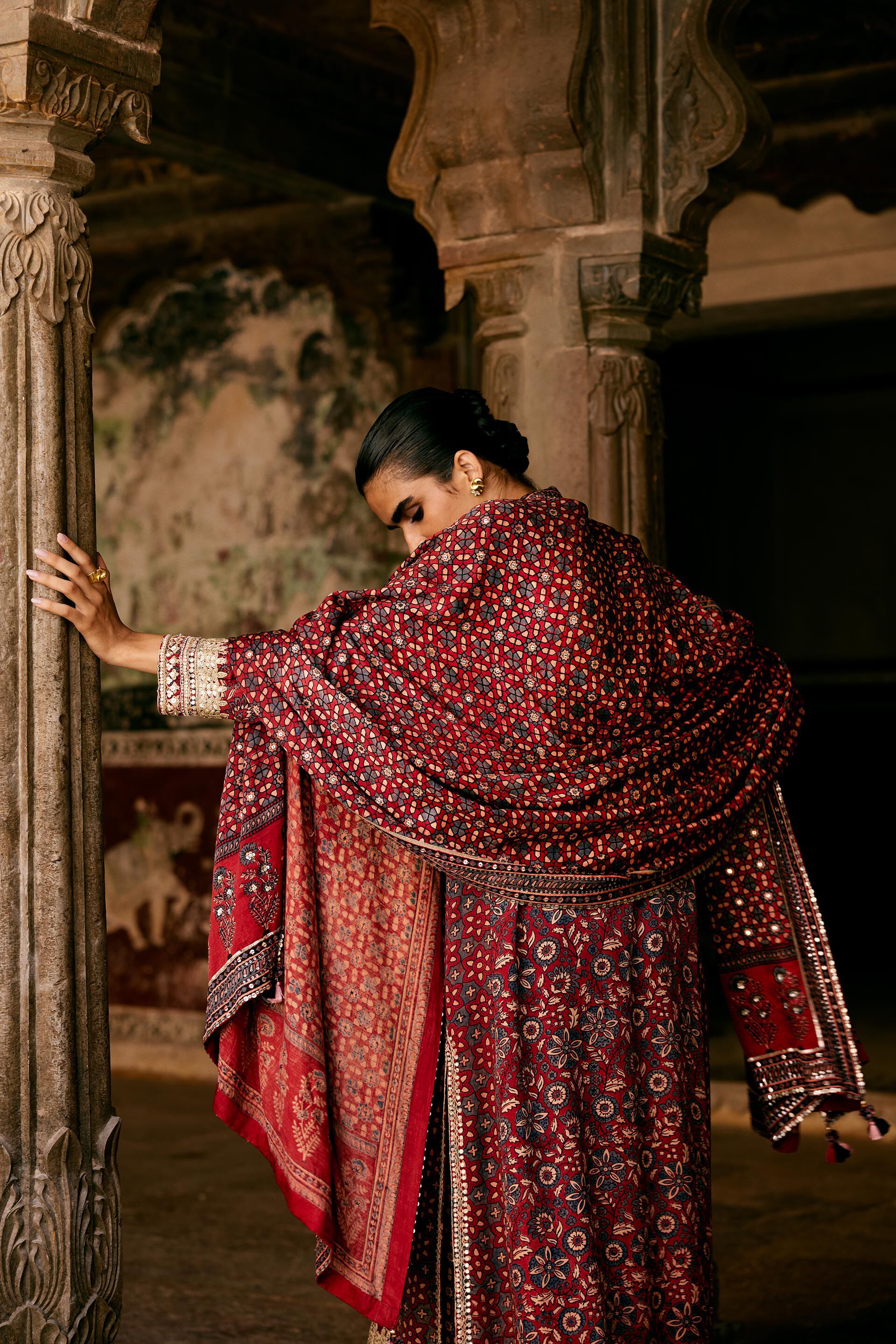 Kasano Ajrakh Hand-block Printed Silk Suit Set - Red, Red, image 3