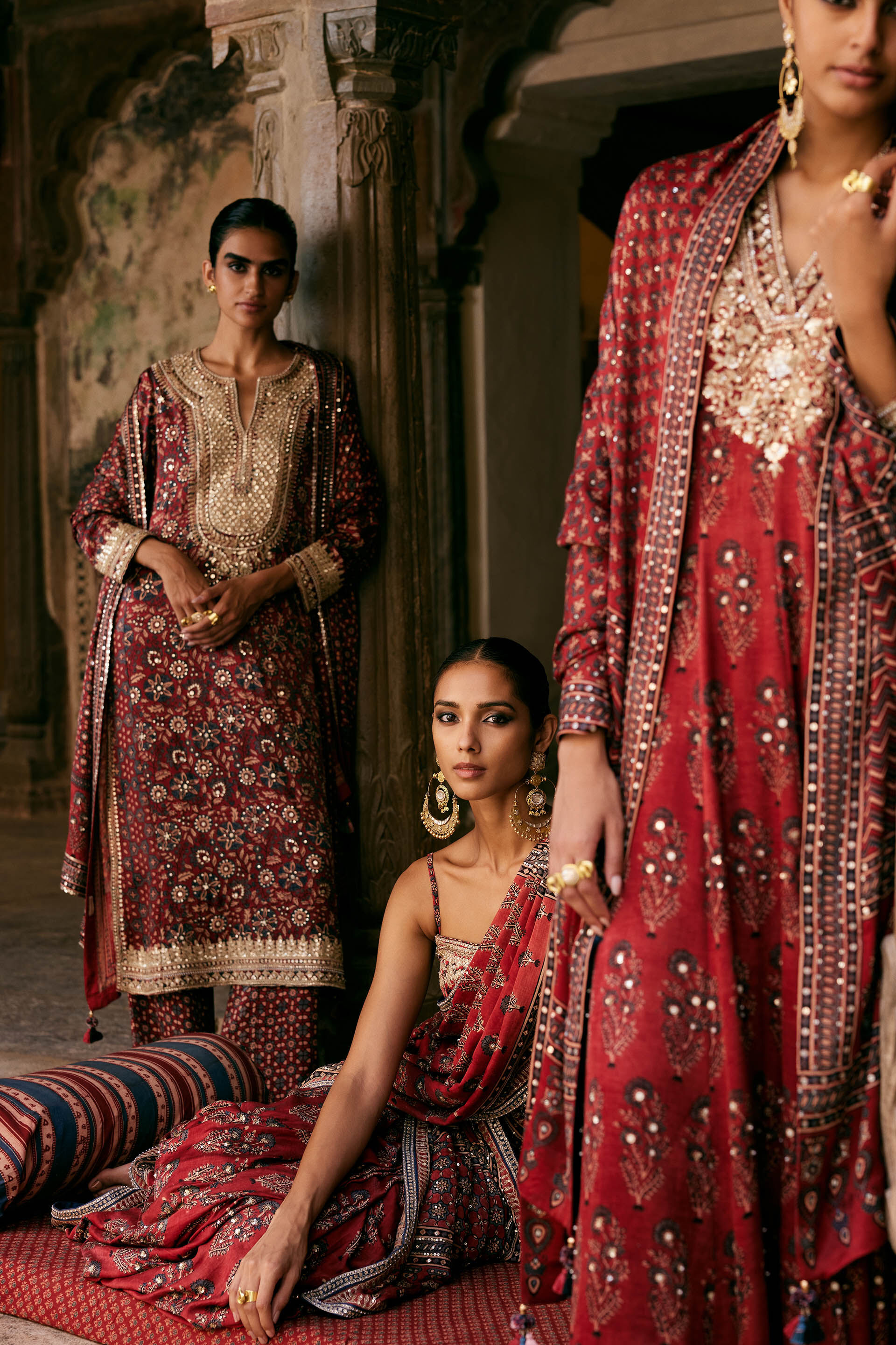 Saaj Ajrakh Hand-block Printed Silk Saree - Red, Red, image 13