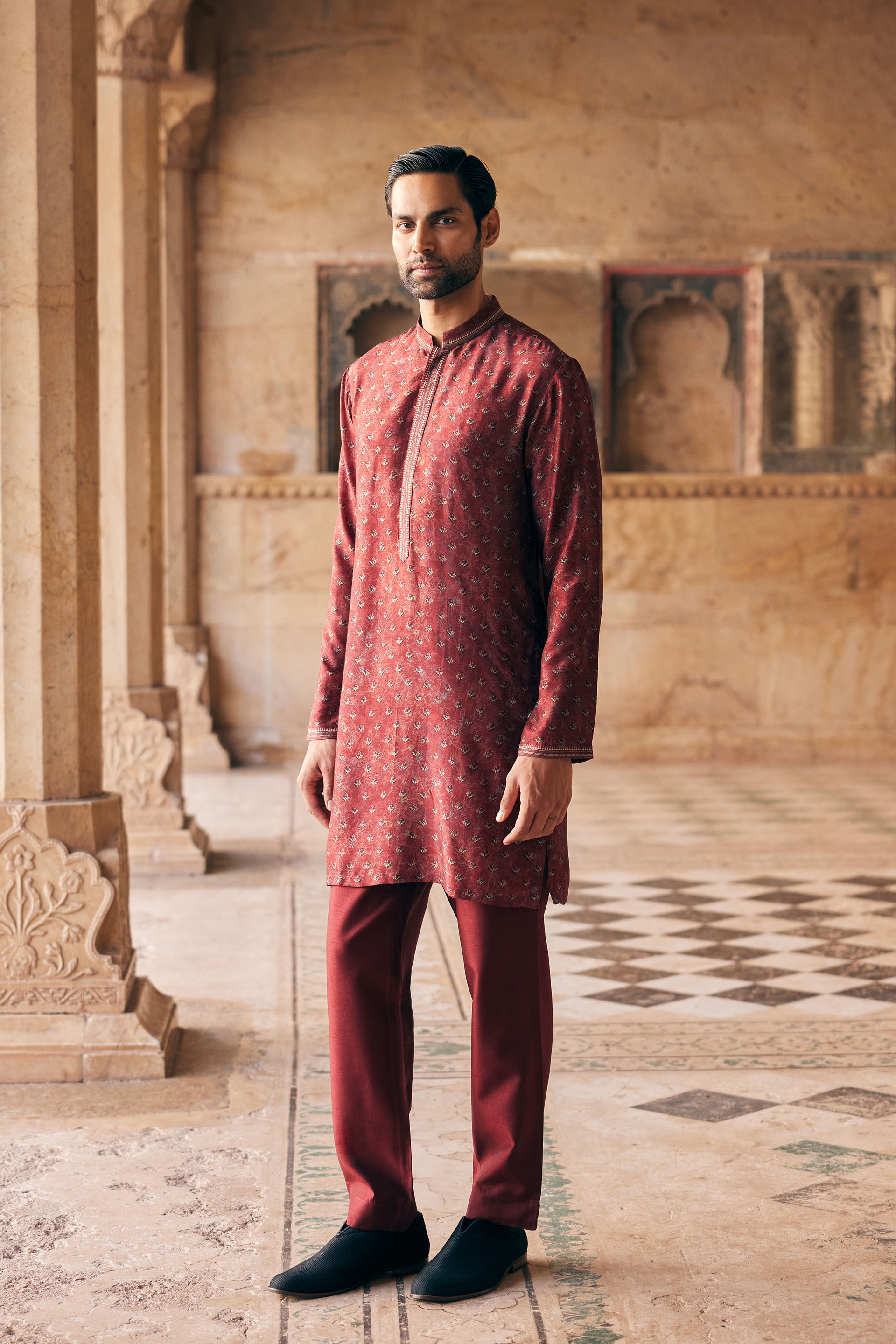 Humair Printed Silk Kurta - Maroon, Maroon, image 1