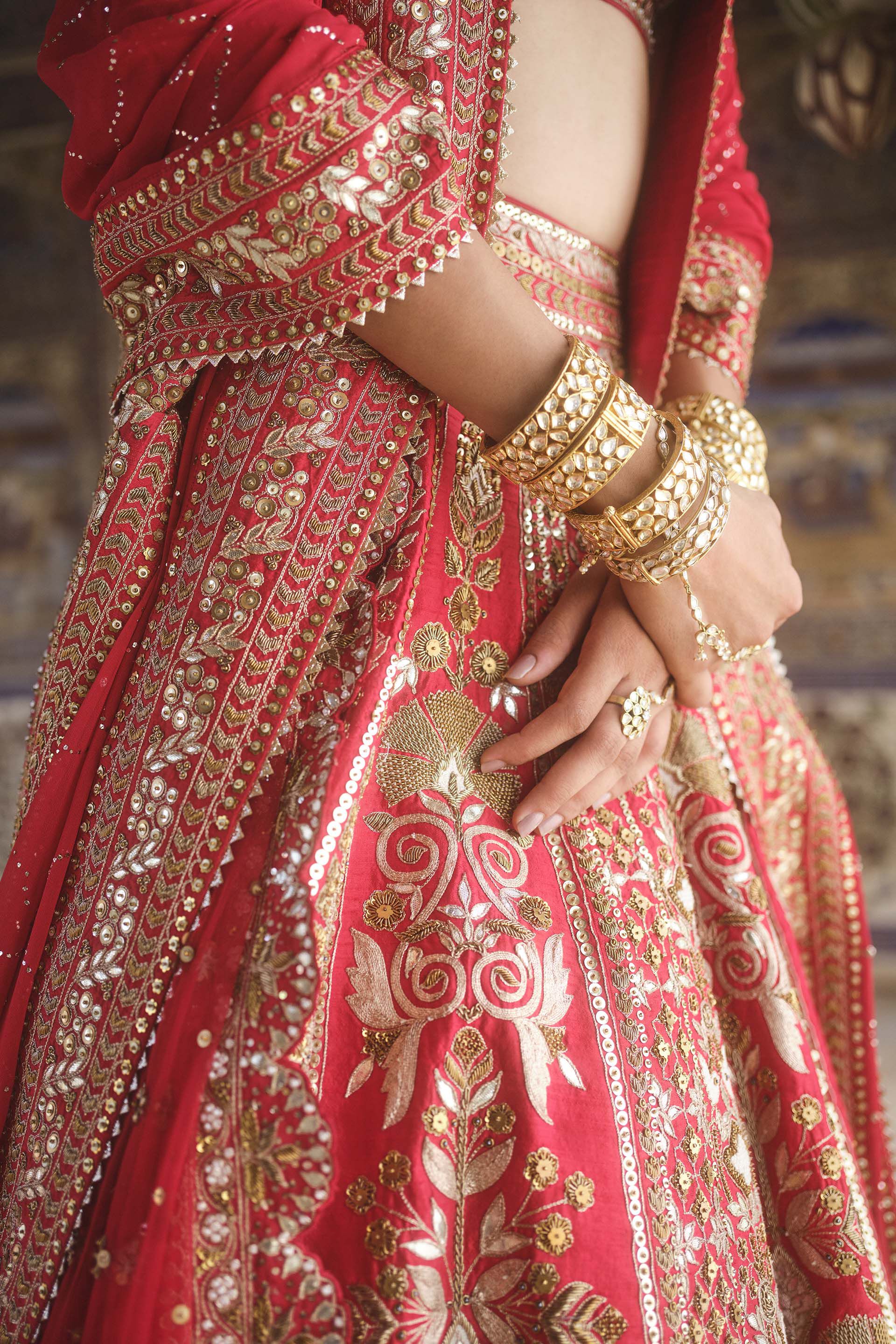 Mehreen Embroidered Zardozi Silk Lehenga Set Red