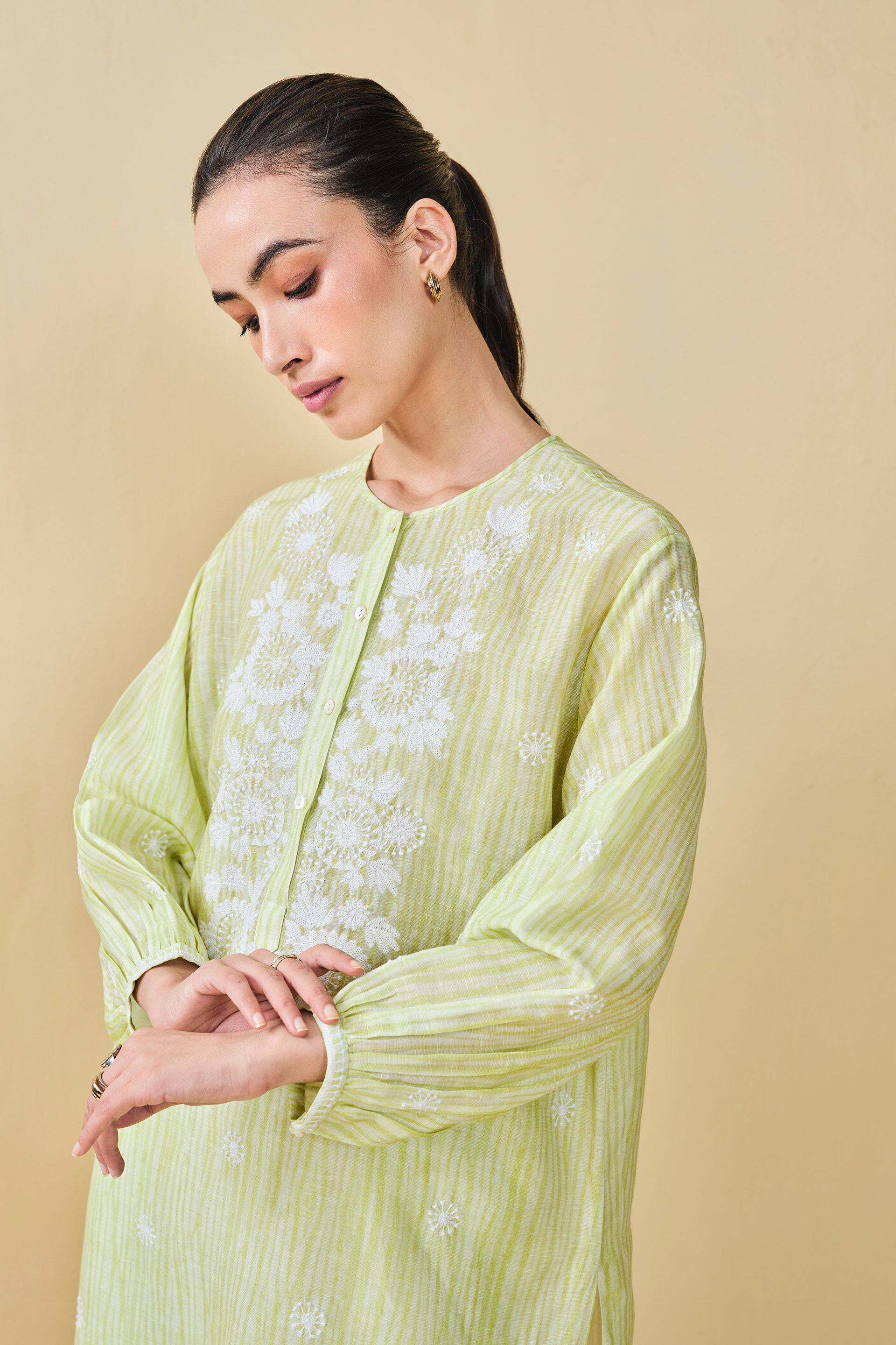 From The Mountain Hand-embroidered Chikankari Co-ord  - Lime, Lime, image 4