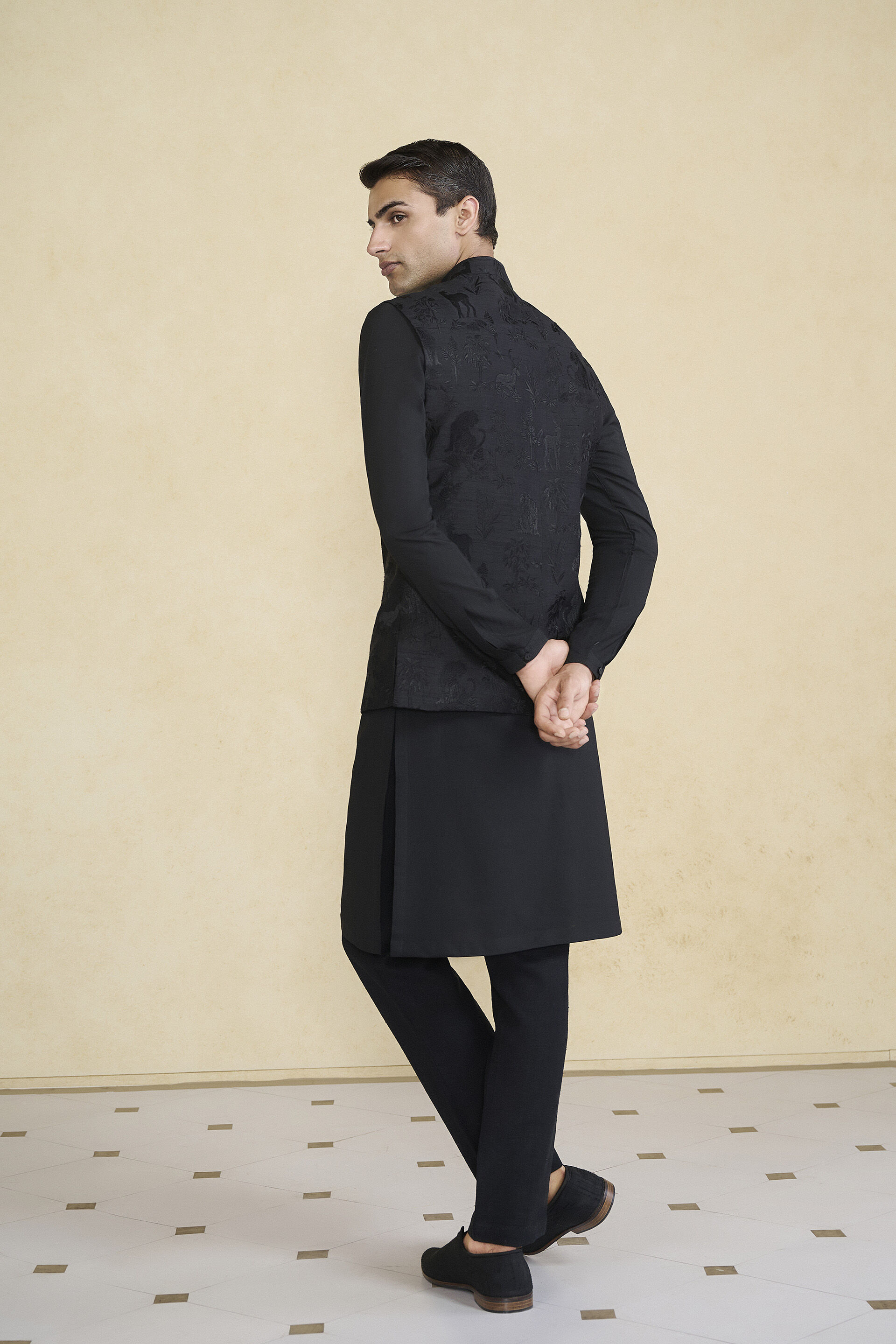 Atik Embroidered Silk Nehru Jacket - Black, Black, image 3