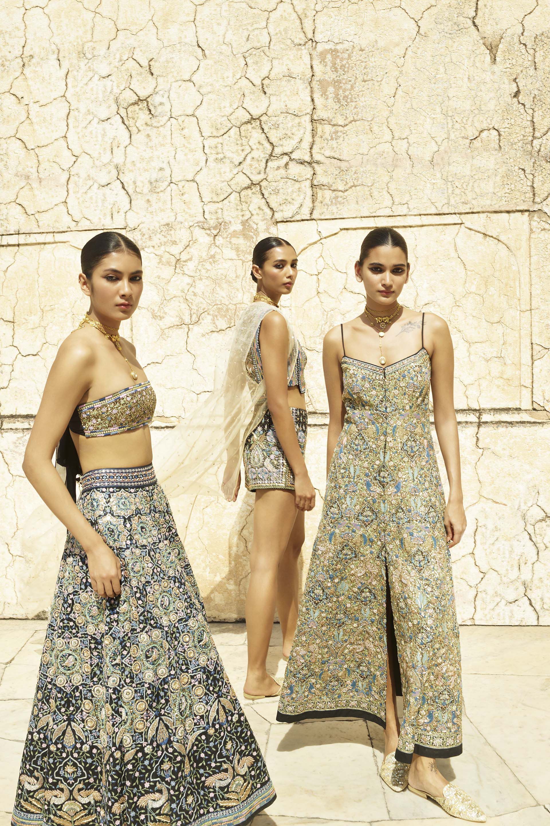 Forest Gleam Embroidered Zardozi Silk Skirt Set - Black, Black, image 4