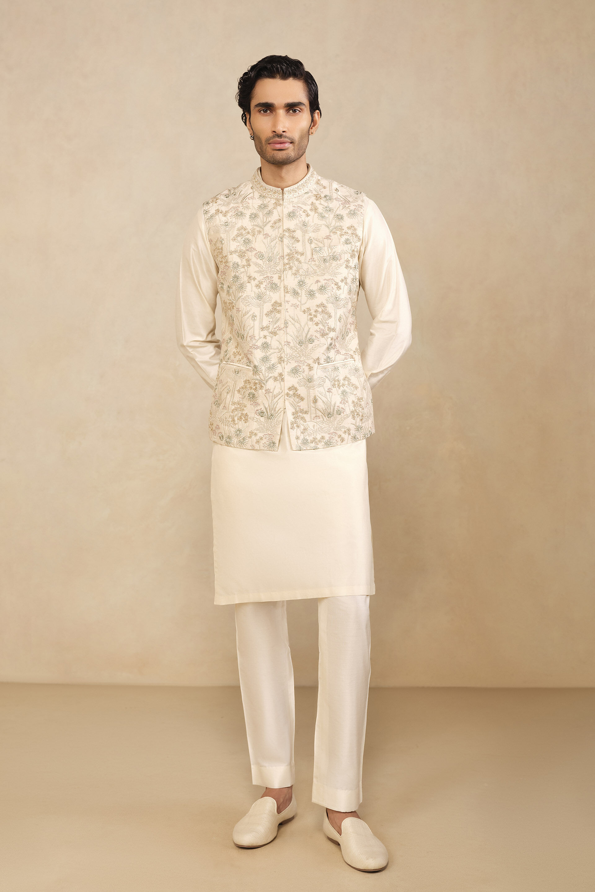 Balfour Embroidered Silk Nehru Jacket - Ivory
