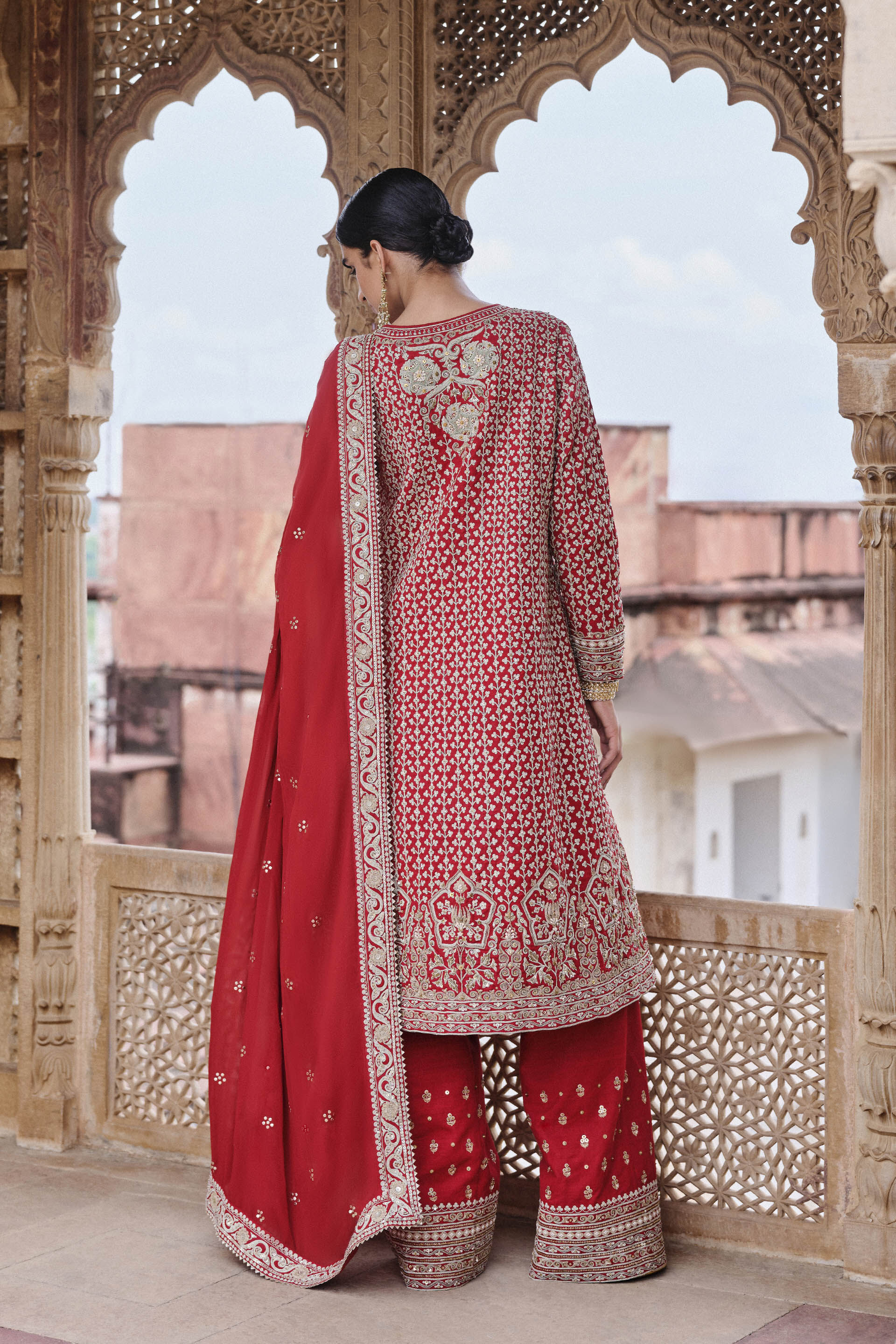 Mehkash Embroidered Cord Silk Suit Set Red