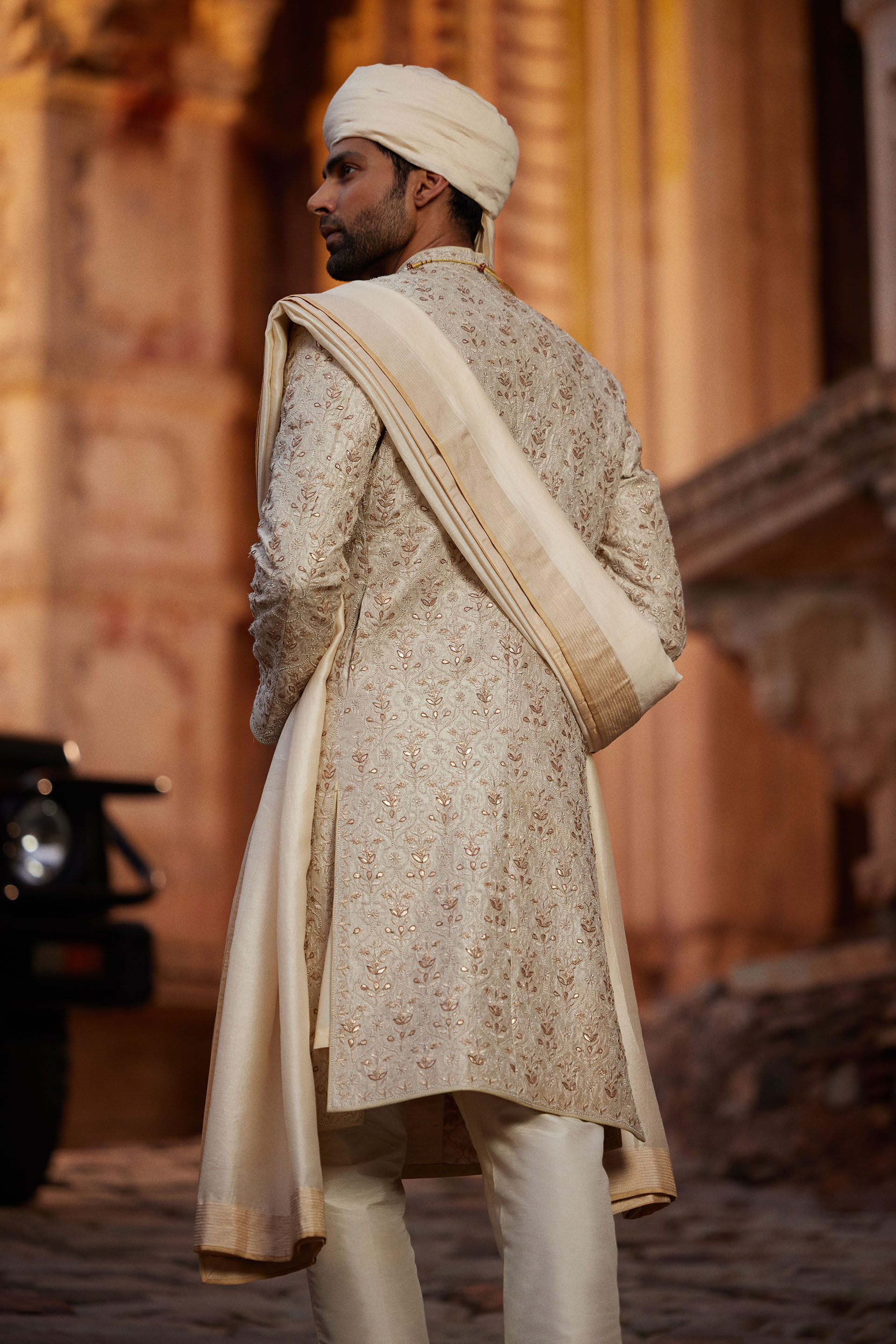 Devarsh Gota Patti & Aari Silk Sherwani - Ivory
