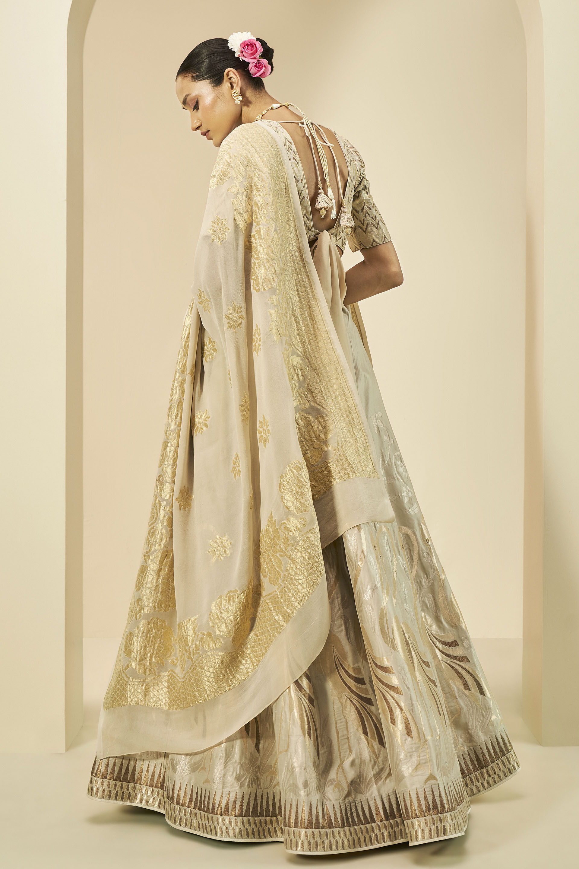 Kehkashan Benarasi Silk Lehanga Set - Gold, Gold, image 3