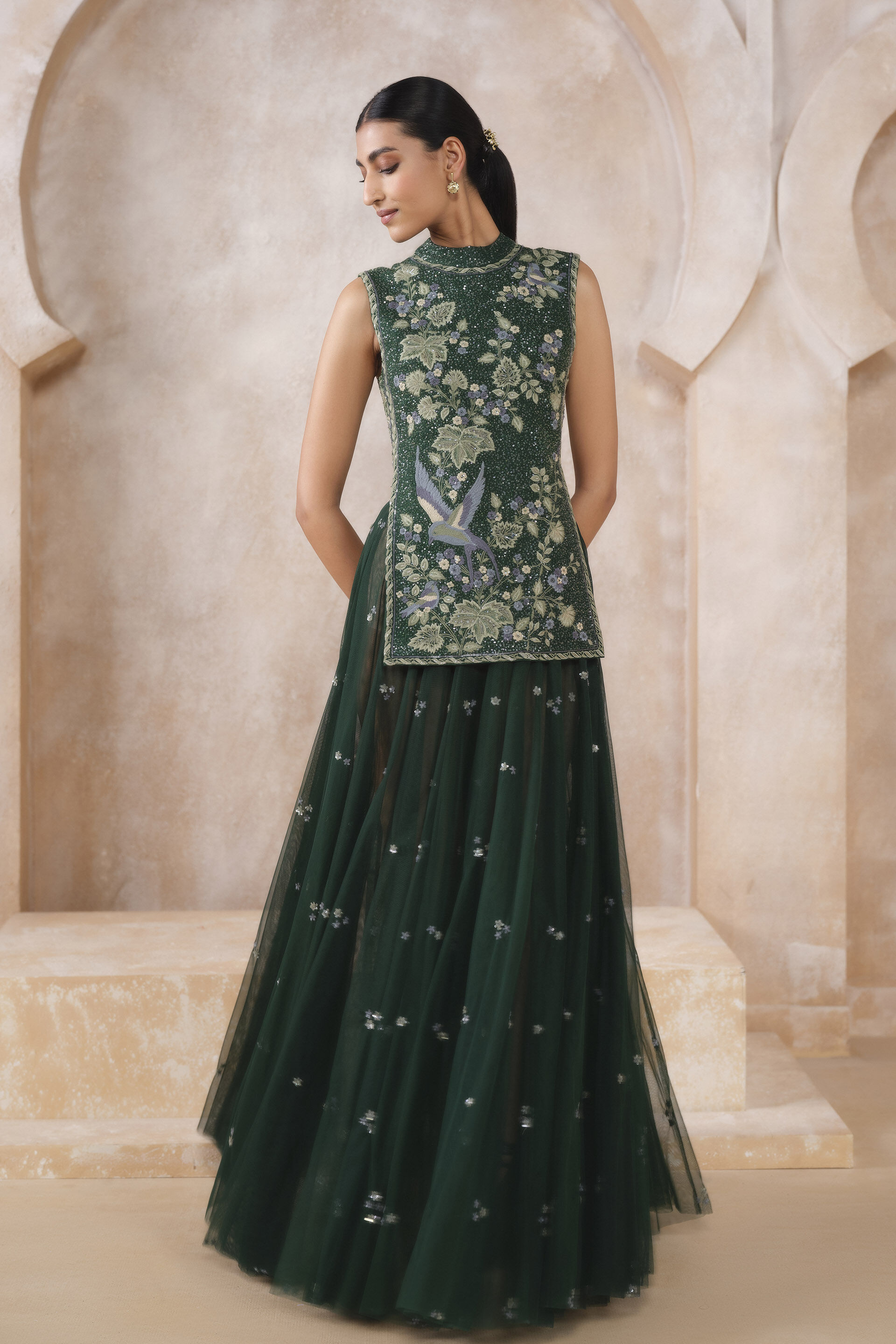 Iva Embroidered Applique Silk Skirt Set - Green
