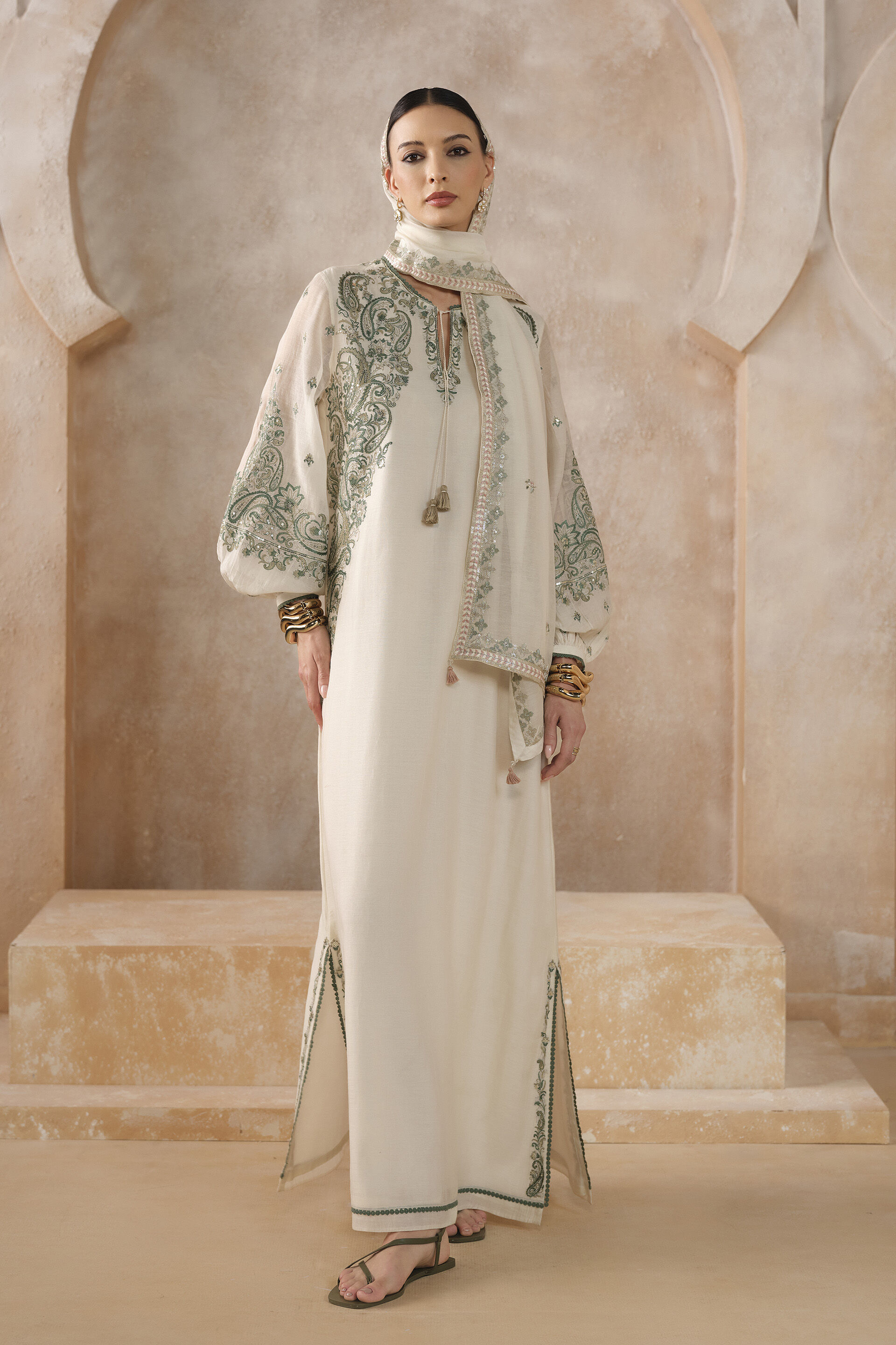 Mesfin Embroidered Mul Kaftan - Natural