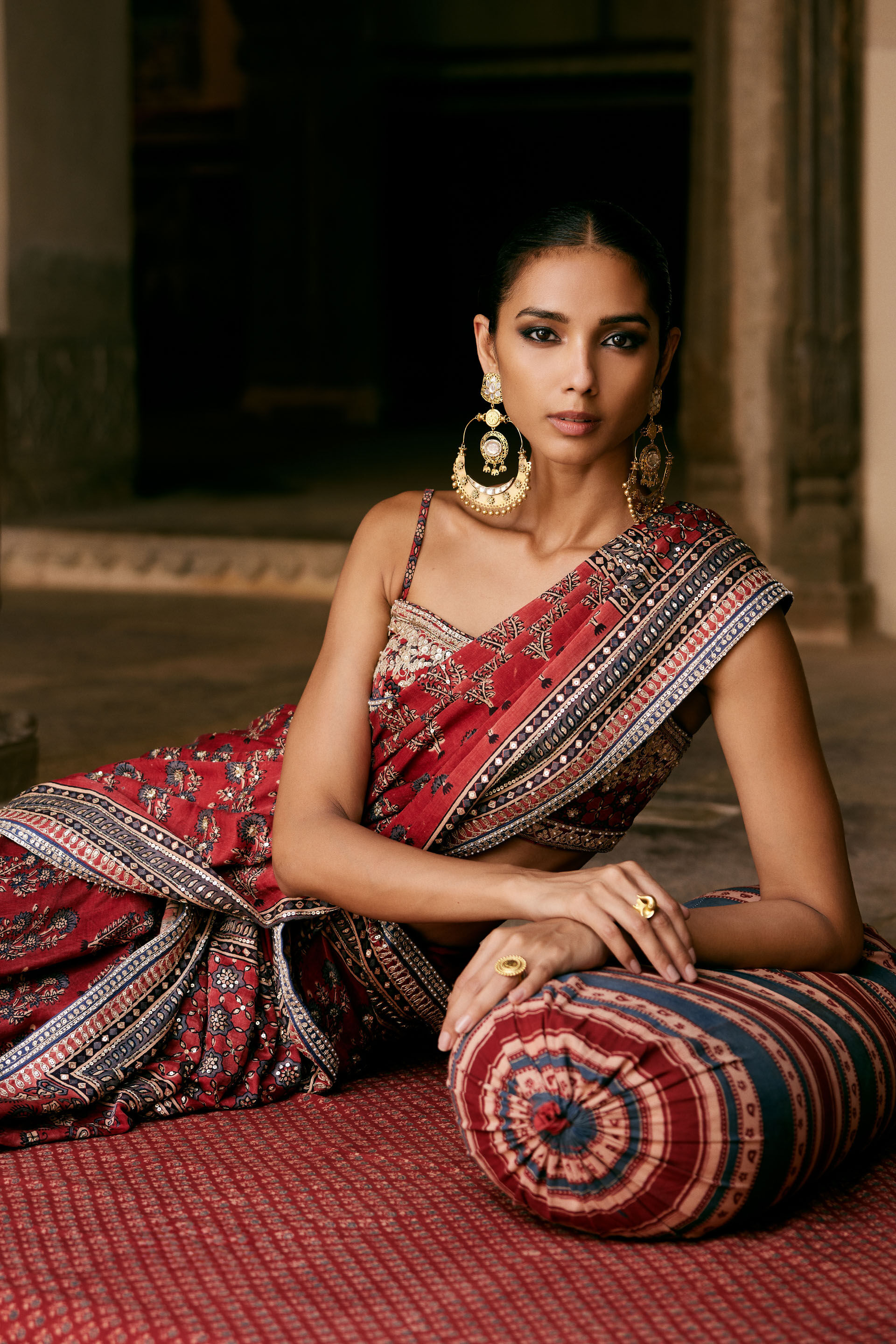 Saaj Ajrakh Hand-block Printed Silk Saree - Red, Red, image 10