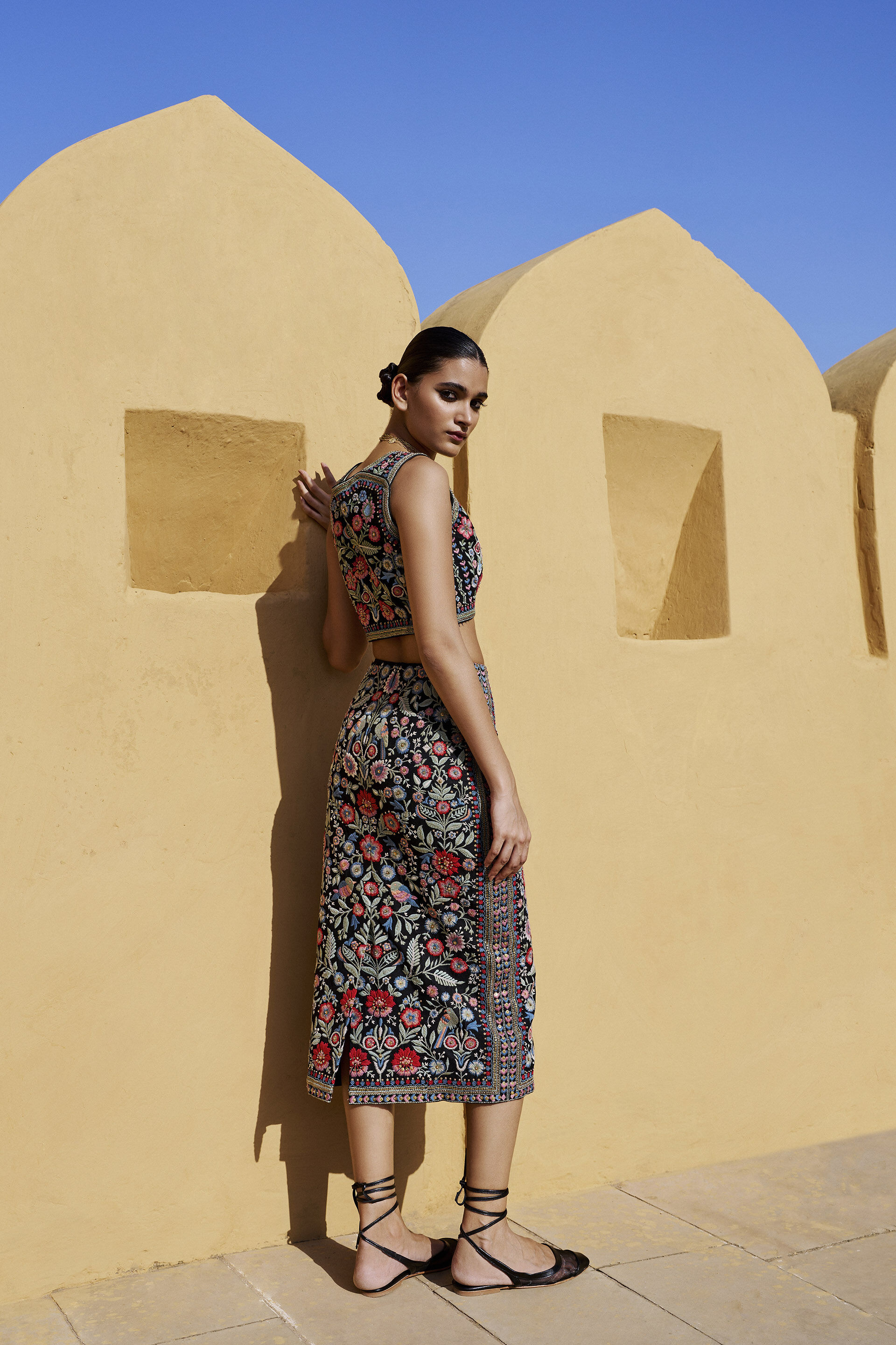 Floral Ballad Embroidered Silk Skirt Set - Black, Black, image 2