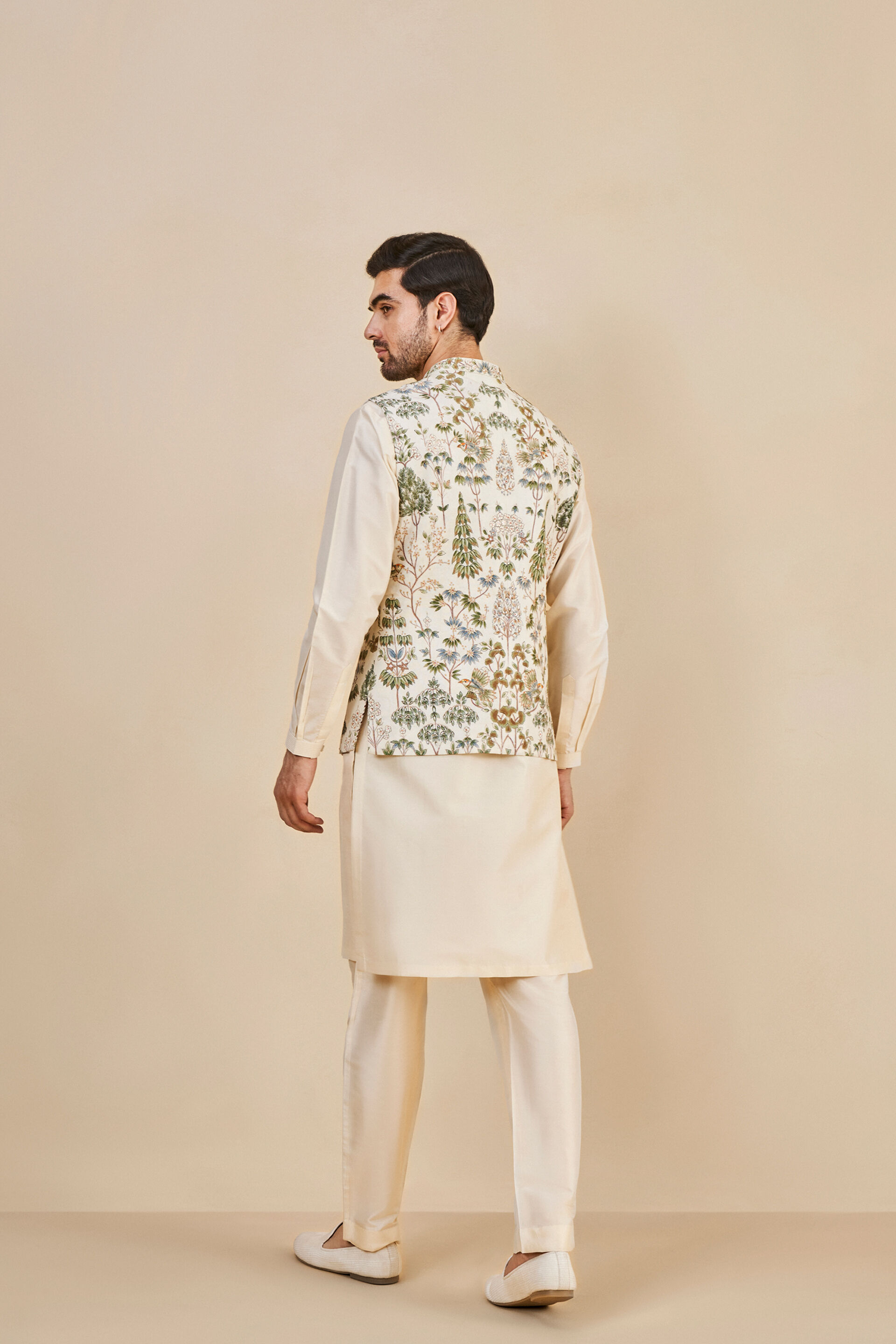 Nalesh Hand-painted Pichhwai Silk Nehru Jacket - Off White, Off White, image 3