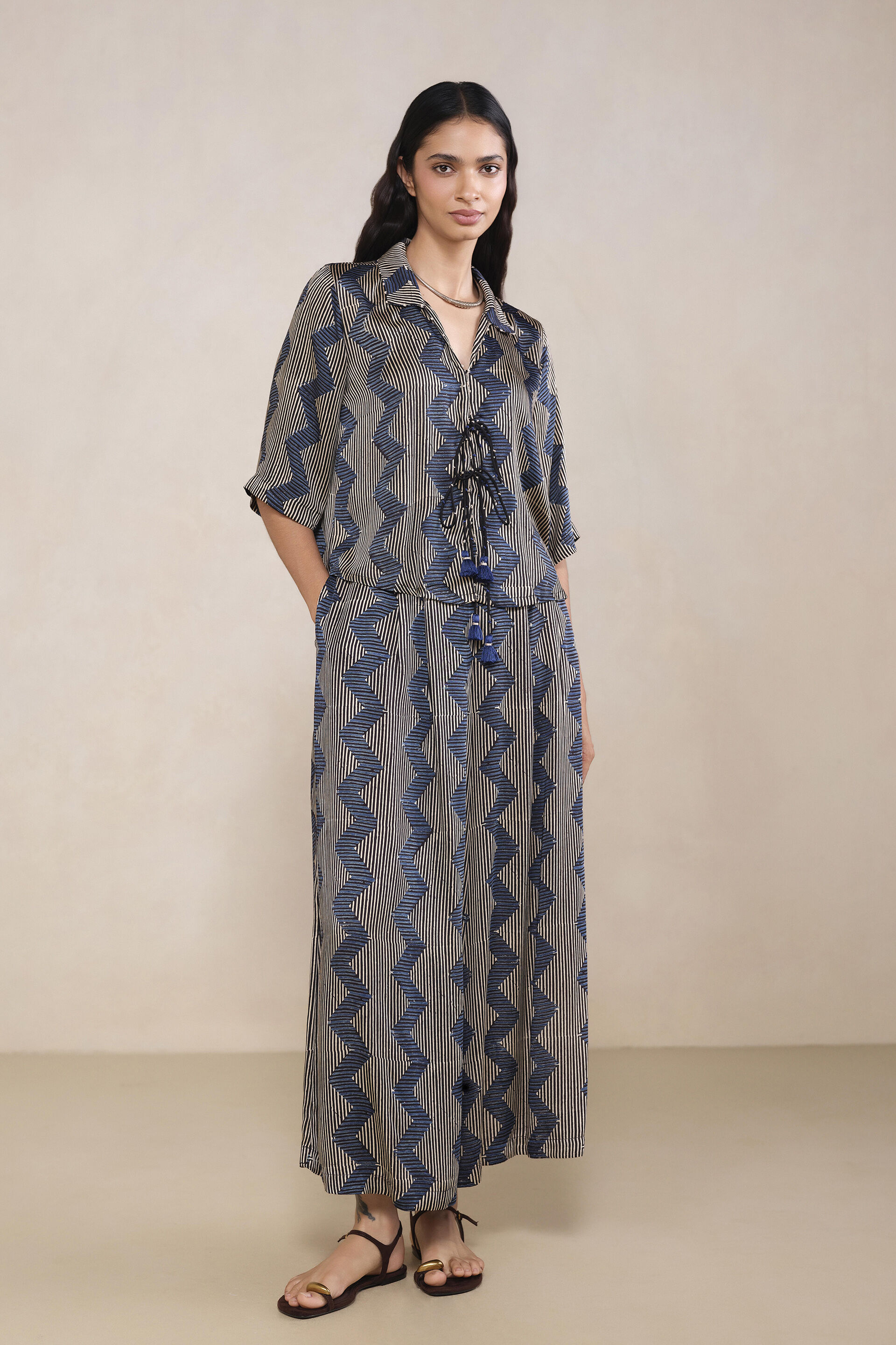 Nirona Ajrakh Hand-block Printed Co-ord in Black, Black, image 1