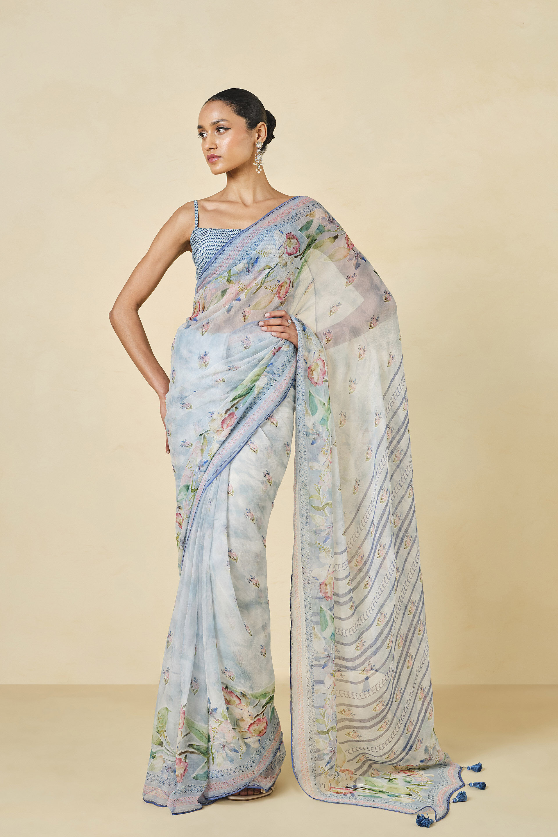 Dayflower Chiffon Saree - Blue, Blue, image 1