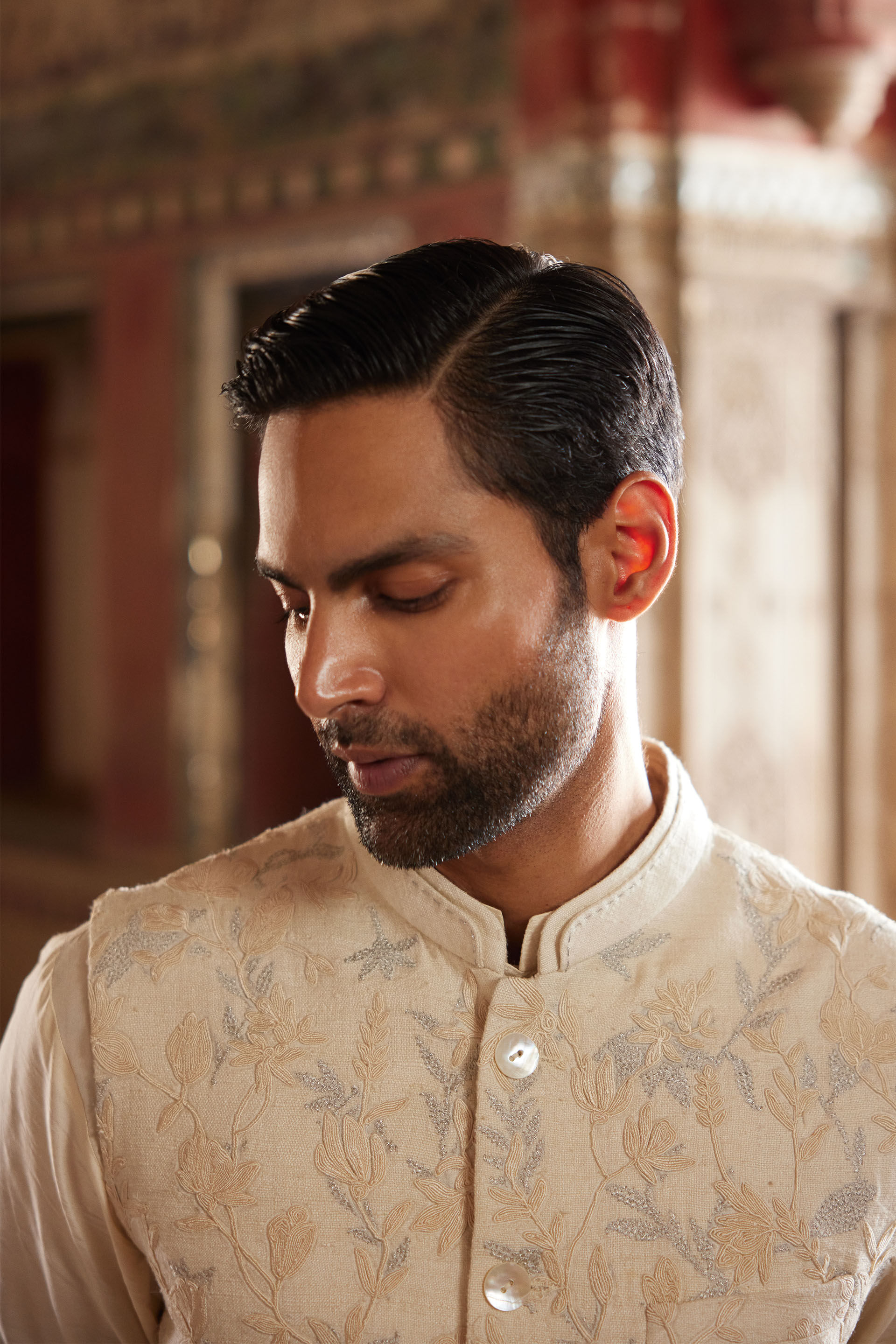 Aaman Embroidered Cord Silk Nehru Jacket - Ivory, Ivory, image 3