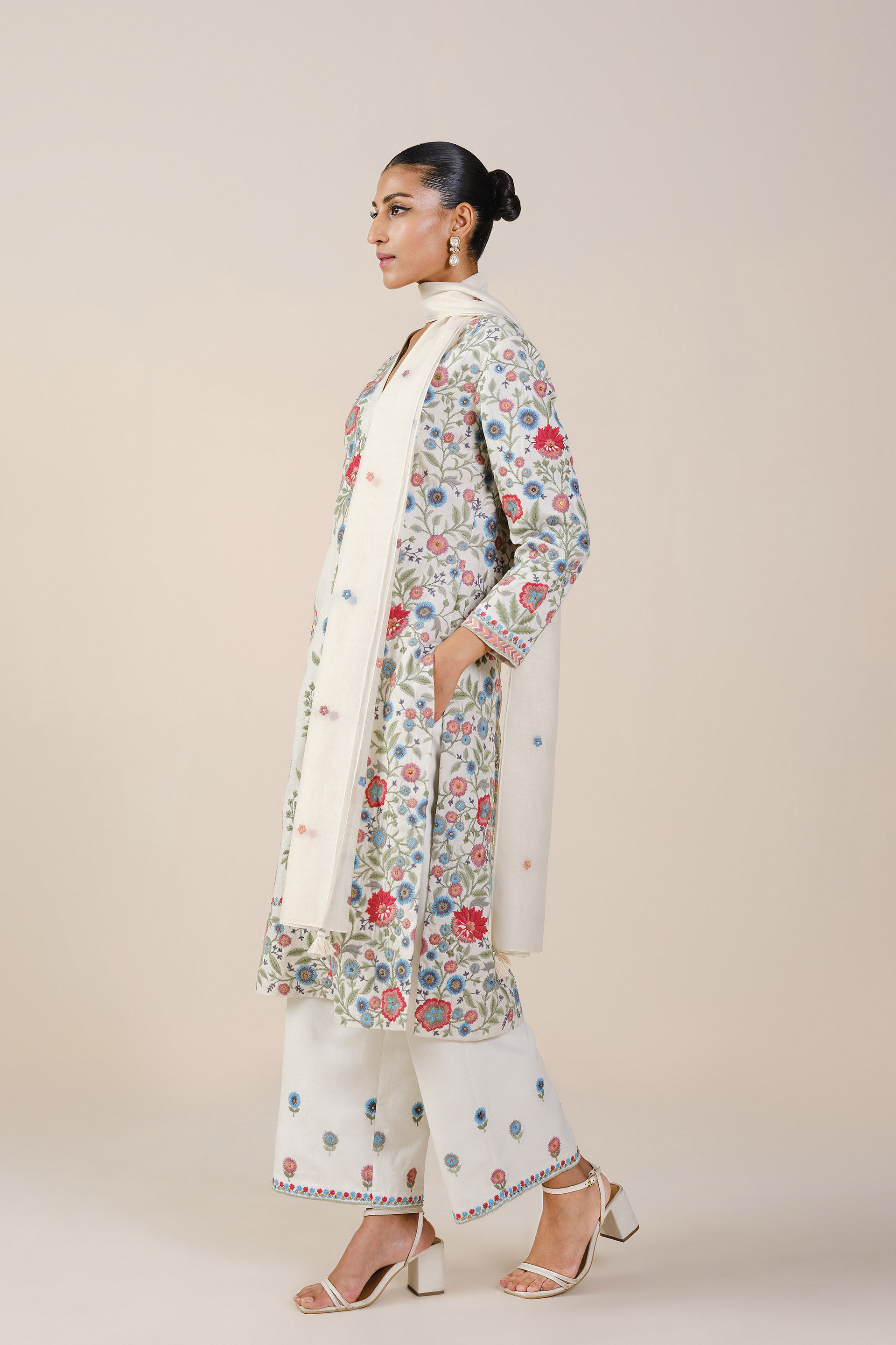 Galaxy of Flowers Embroidered Silk Suit Set - White