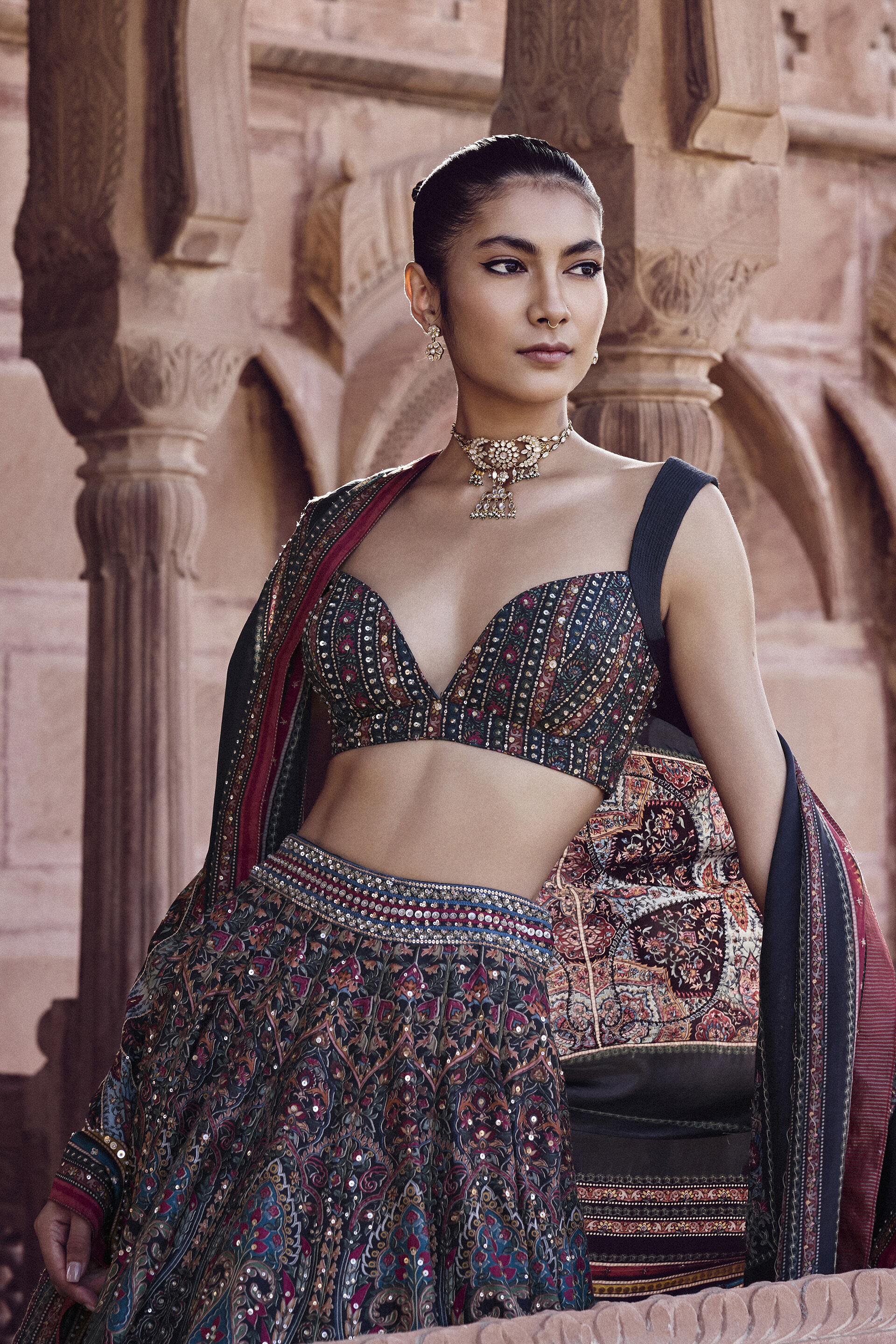 Nameera Silk Lehenga Set - Black, Black, image 3