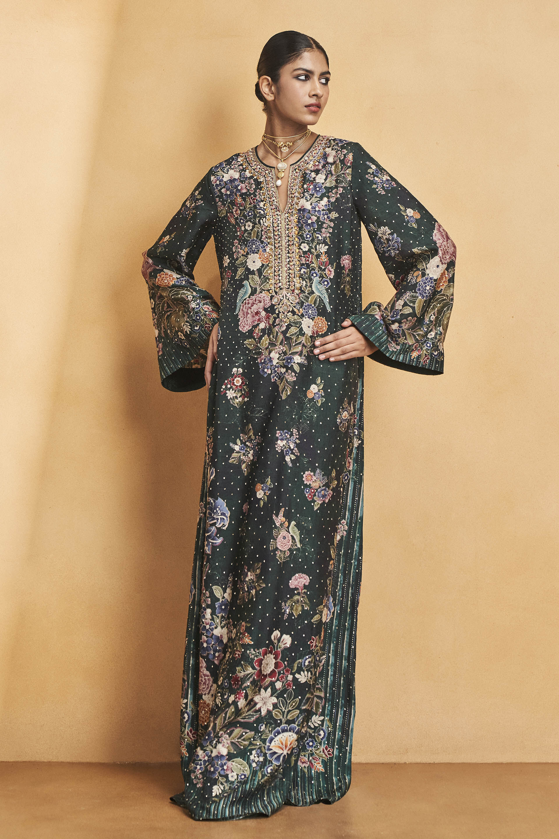 Life Of The Nightforest Embroidered Zardozi Kaftan - Green, Green, image 1