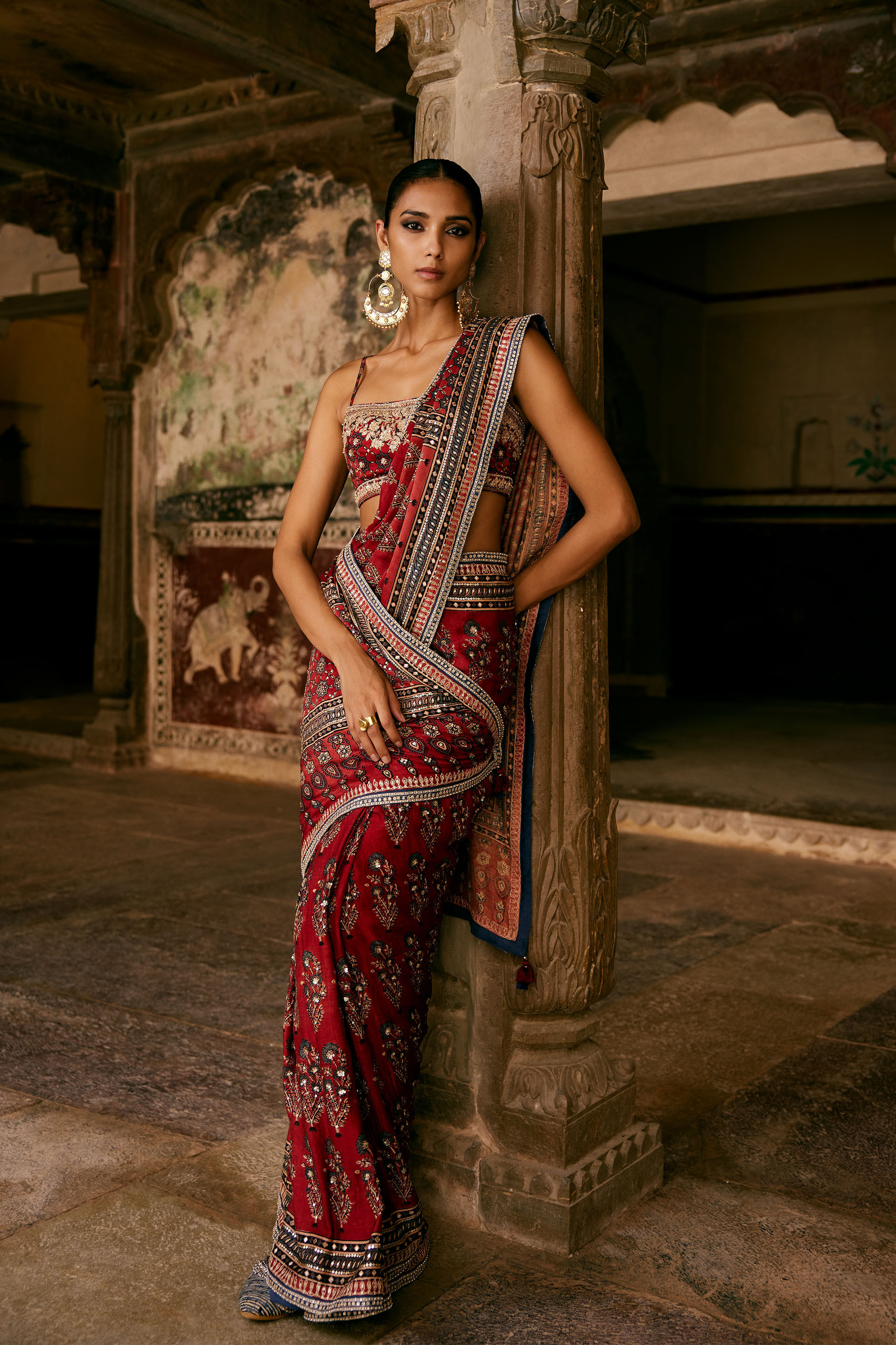 Saaj Ajrakh Hand-block Printed Silk Saree - Red