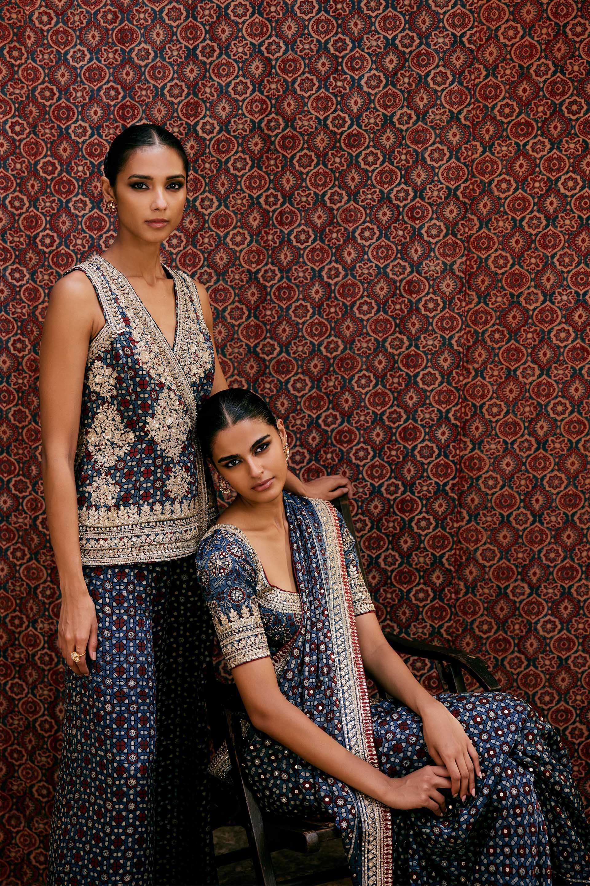 Bahada Ajrakh Hand-block Printed Silk Palazzo Set - Blue, Blue, image 5