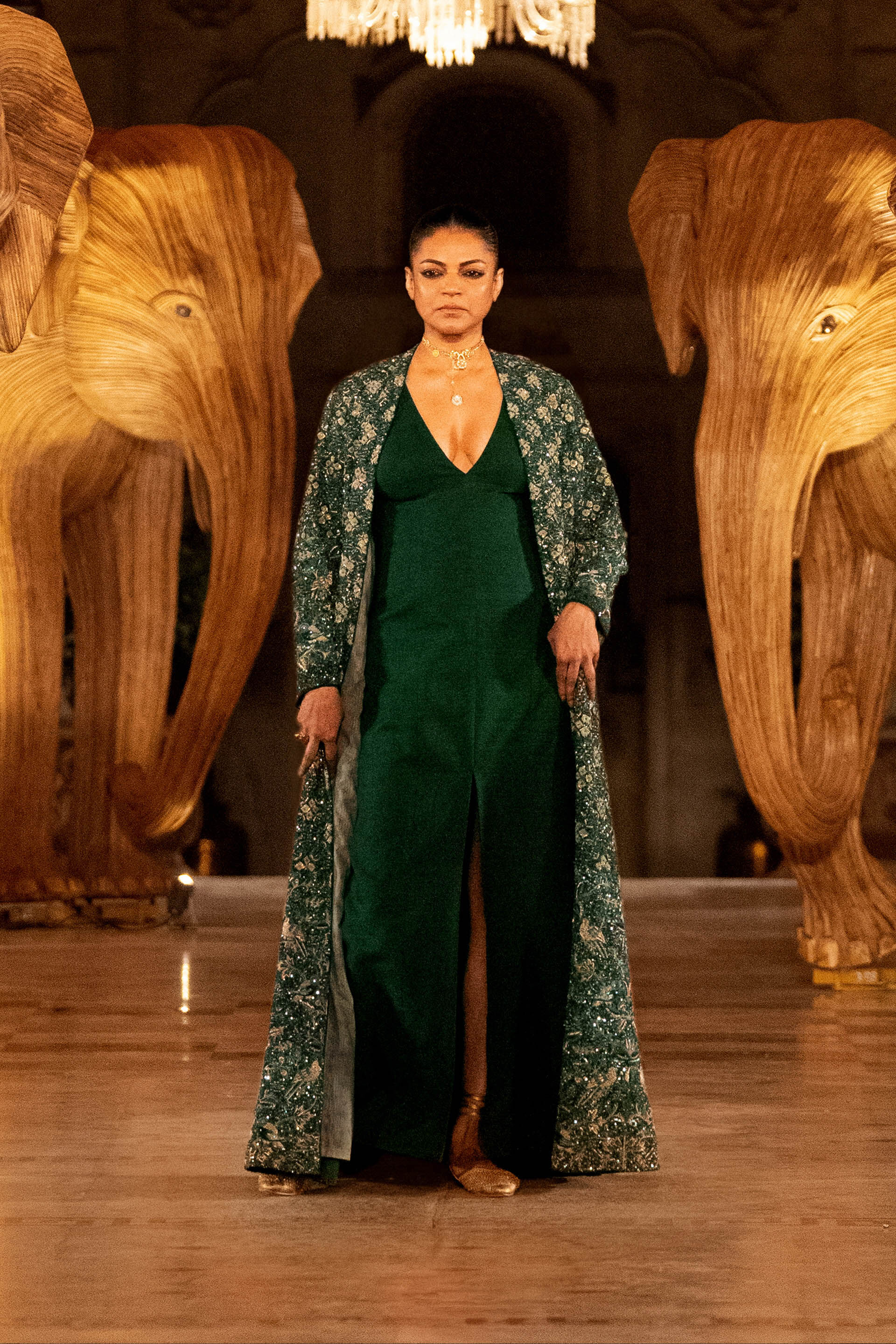 Deep Into The Wild Embroidered Zardozi Silk Jacket Set - Green, Green, image 10