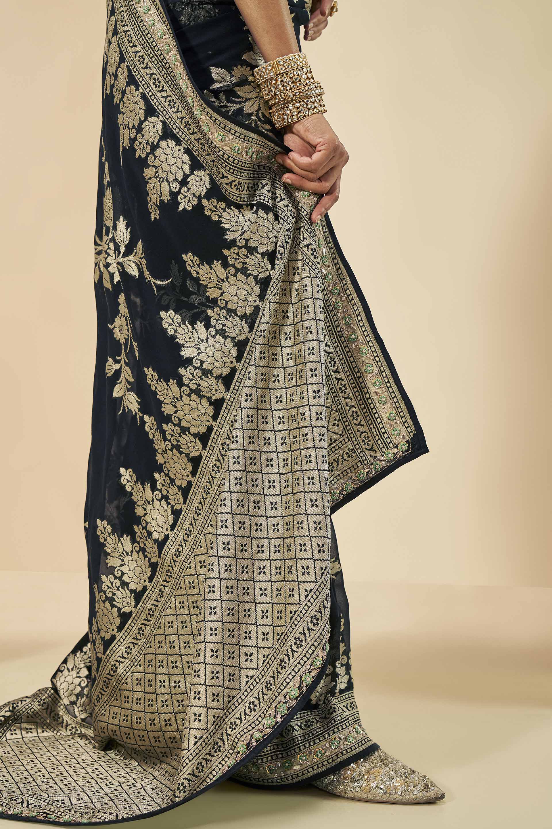 Nandana Embroidered Benarasi Silk Saree, Black, image 6
