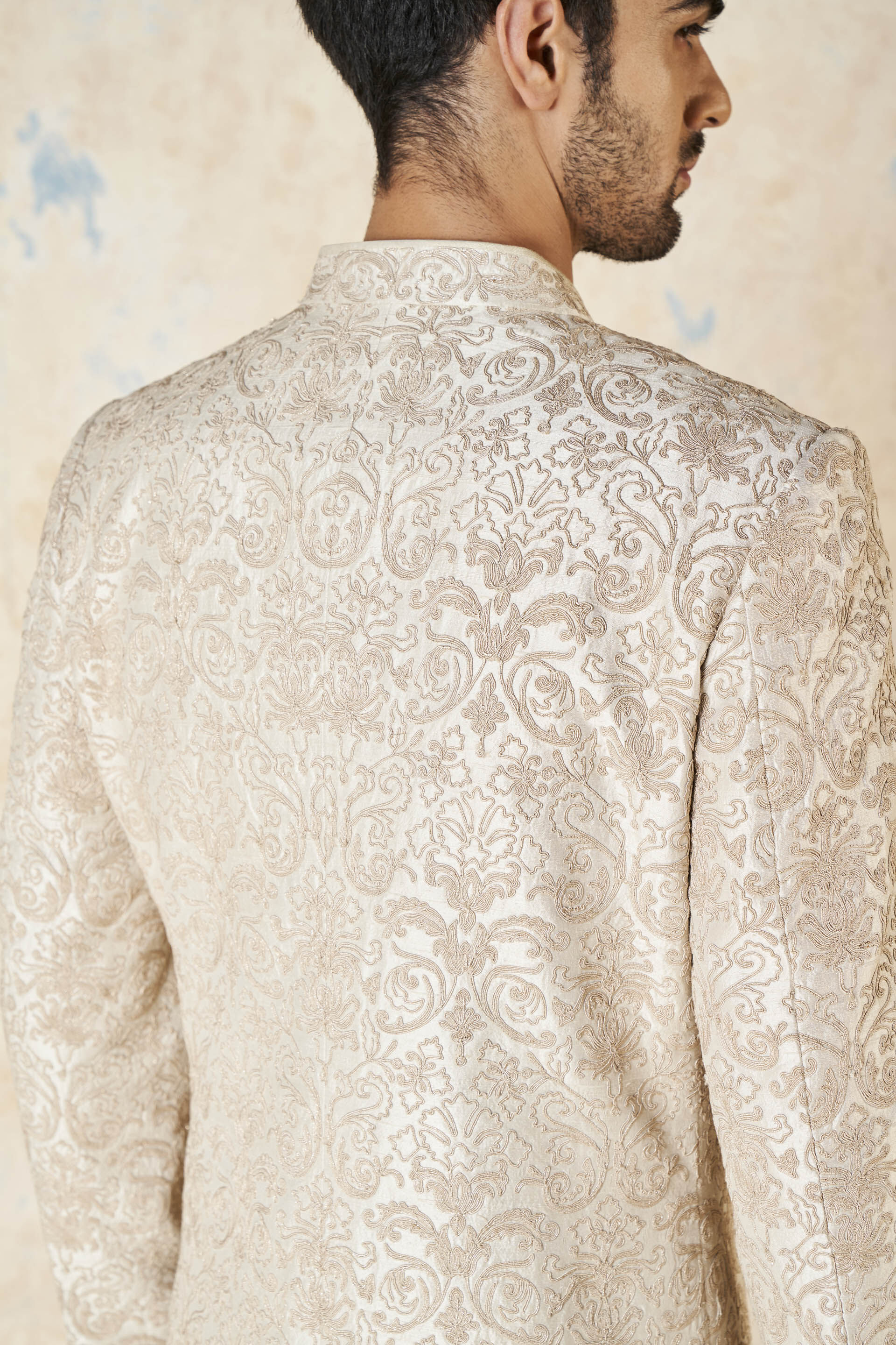 Vehant Embroidered Cord Silk Sherwani - Ivory, Ivory, image 7