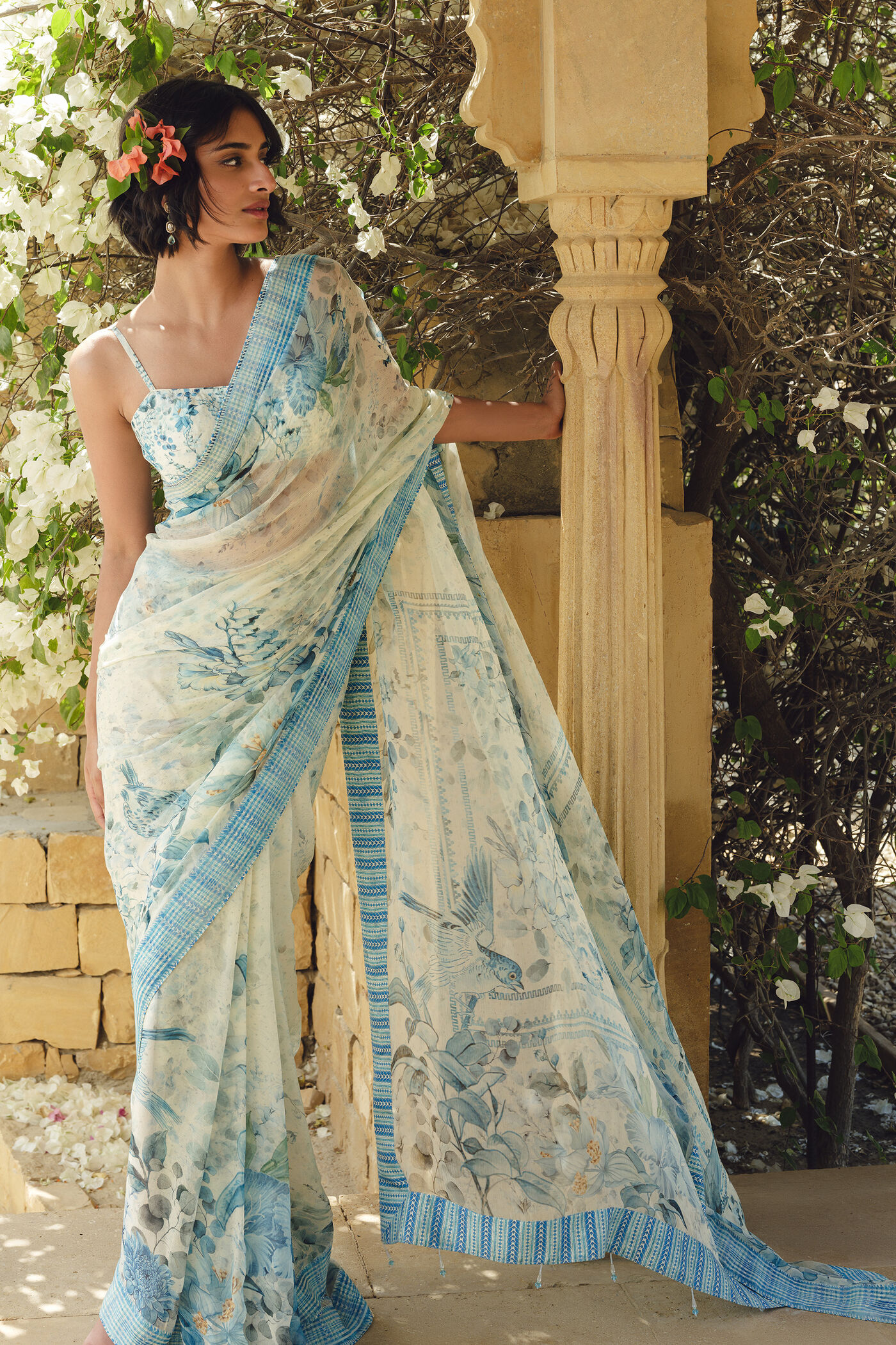 Buy Designer Idalia Printed Chiffon Saree Blue Online from Anita Don