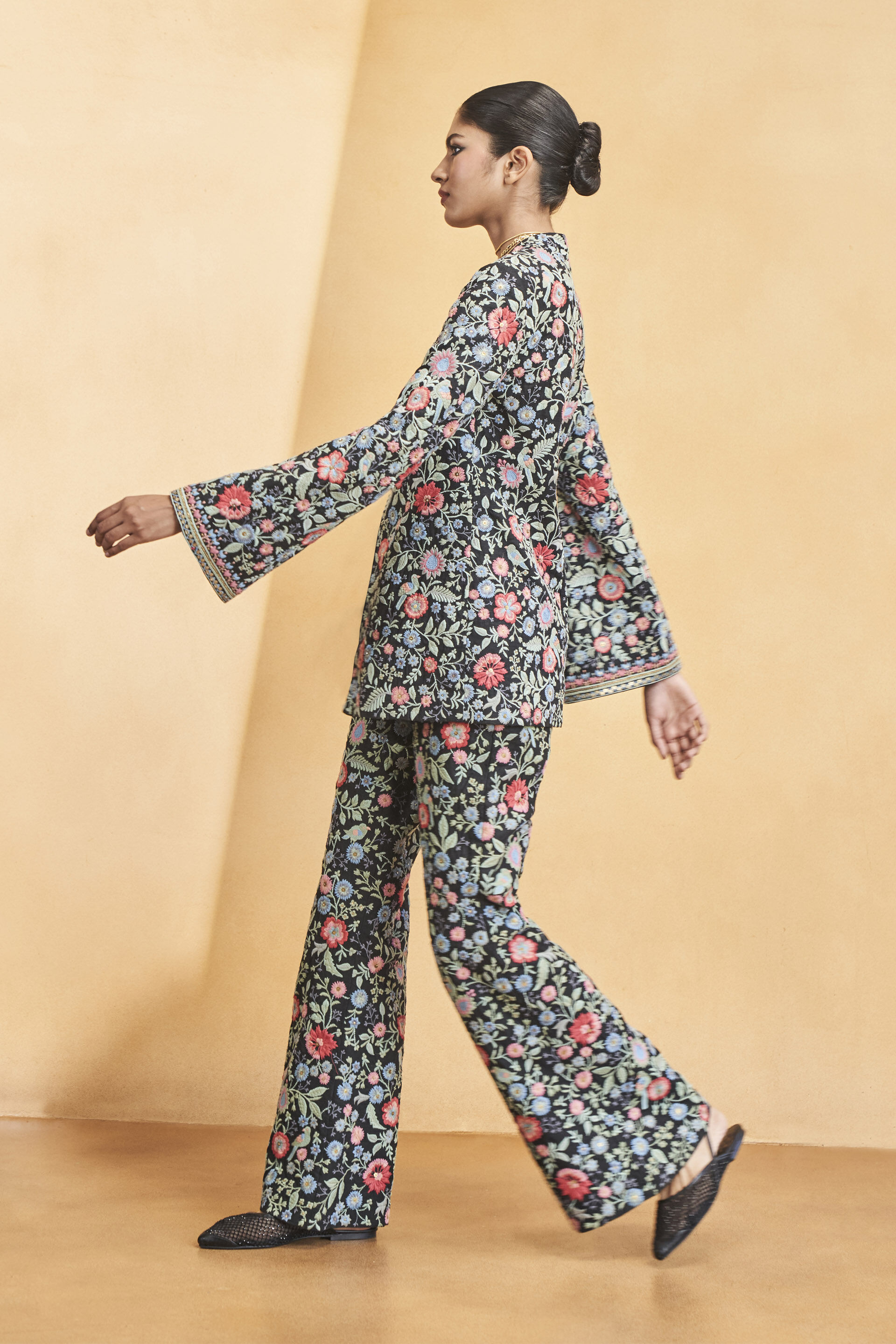 Galaxy Of Flowers Embroidered Zardozi Silk Set - Black, Black, image 4