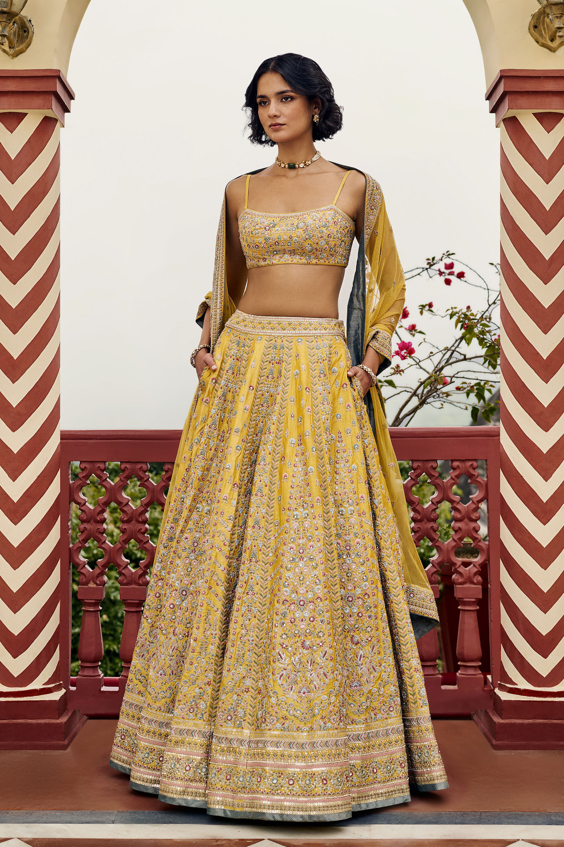 Ritual Embroidered Silk Lehenga Set - ​Yellow