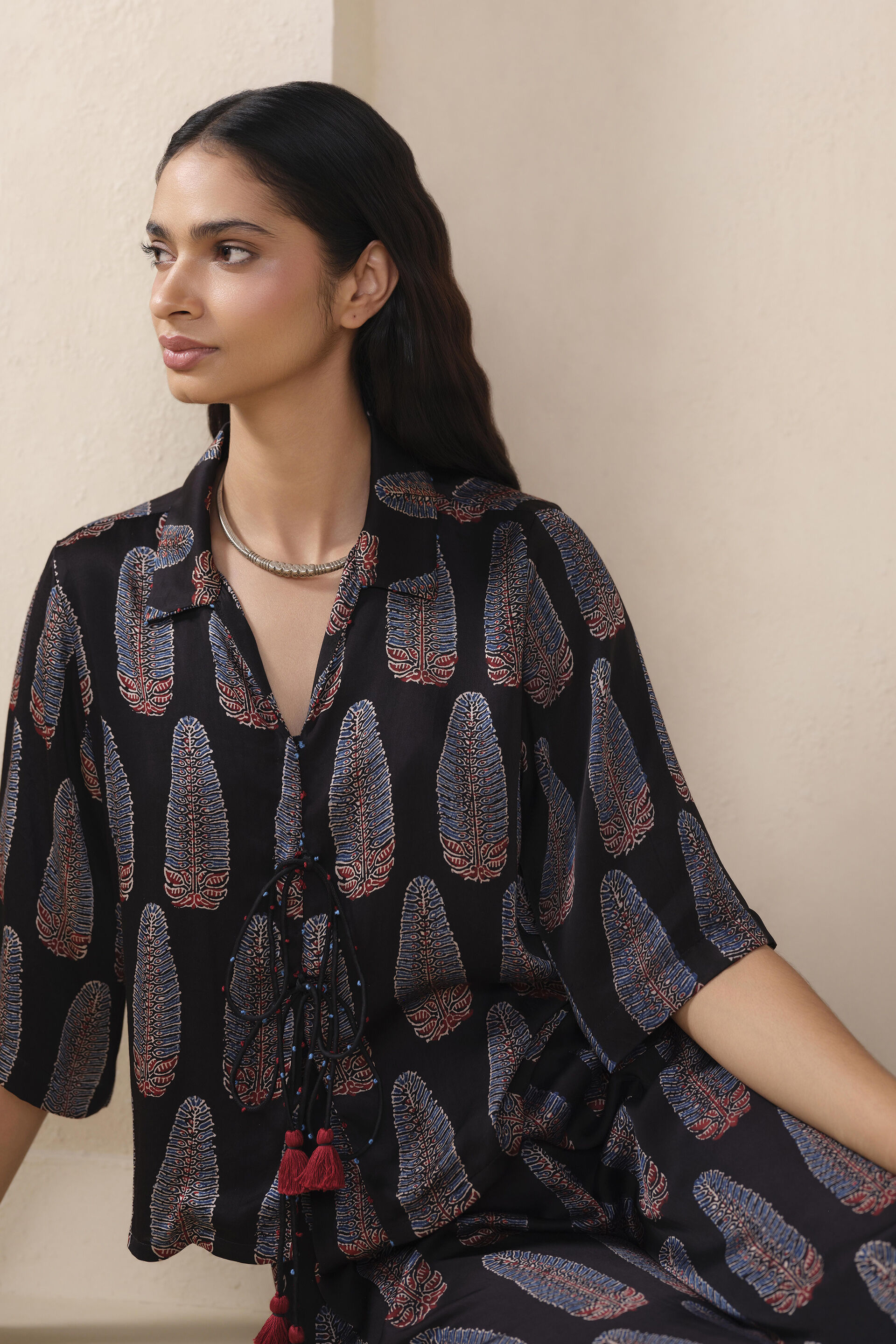 Sanva Ajrakh Hand-block Printed Co-ord in Black, Black, image 3