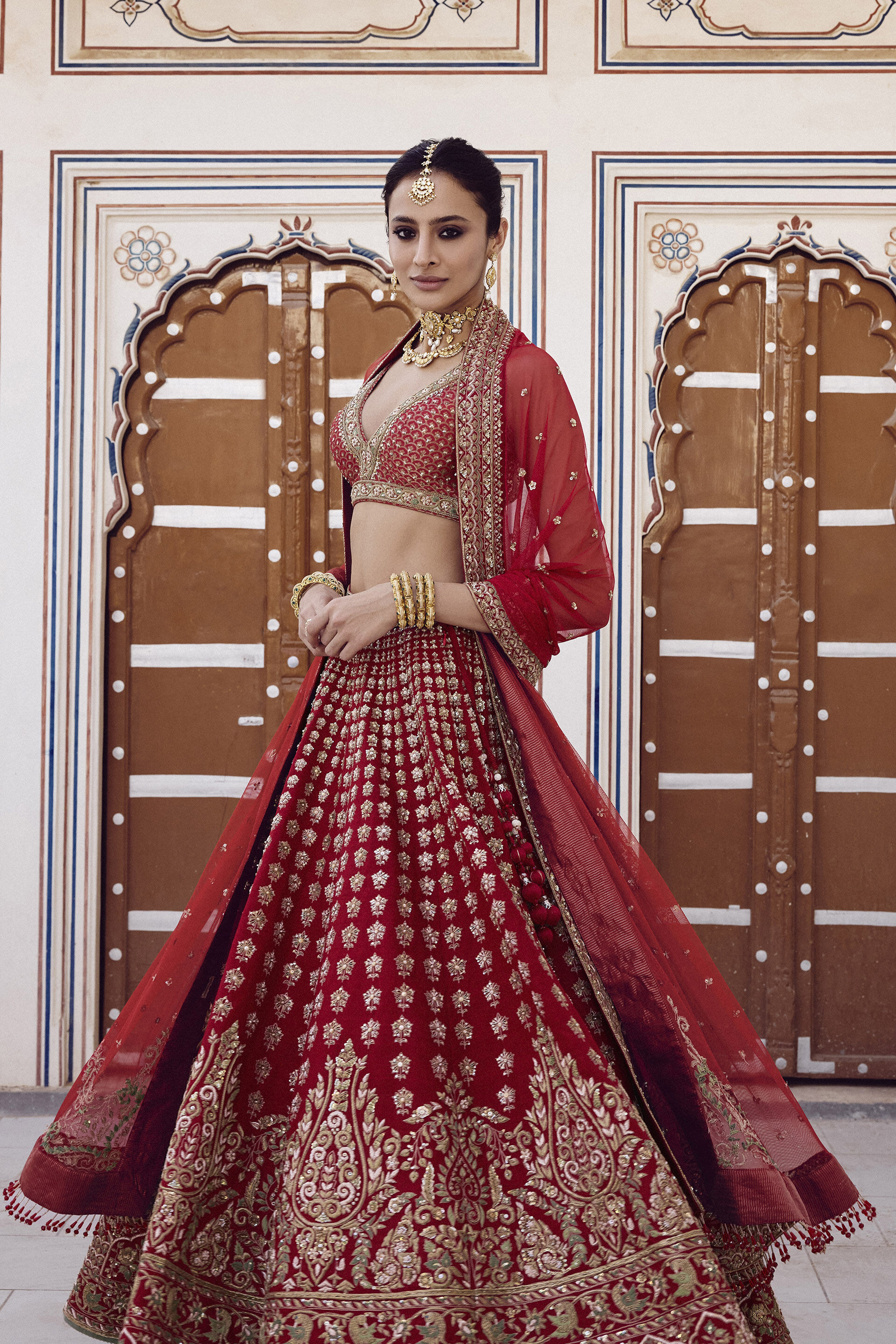 Zamira Embroidered Silk Lehenga Set - Red, Red, image 5