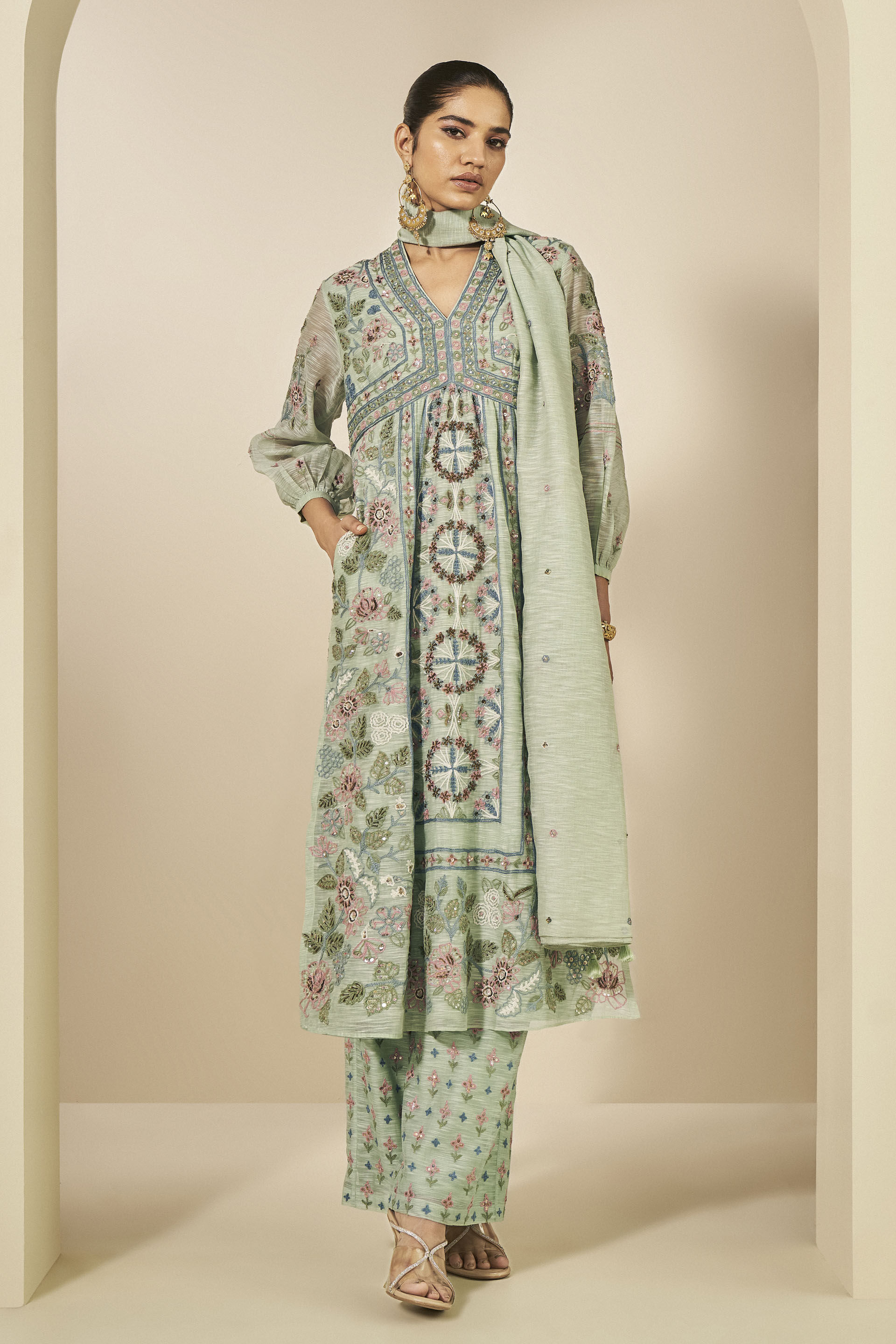Madhuj Mul Suit Set - Sage