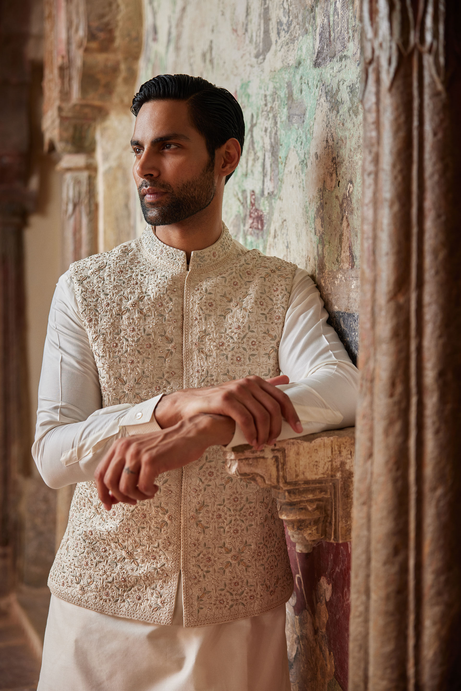 Suwayd Embroidered Silk Nehru Jacket - Ivory, Ivory, image 7