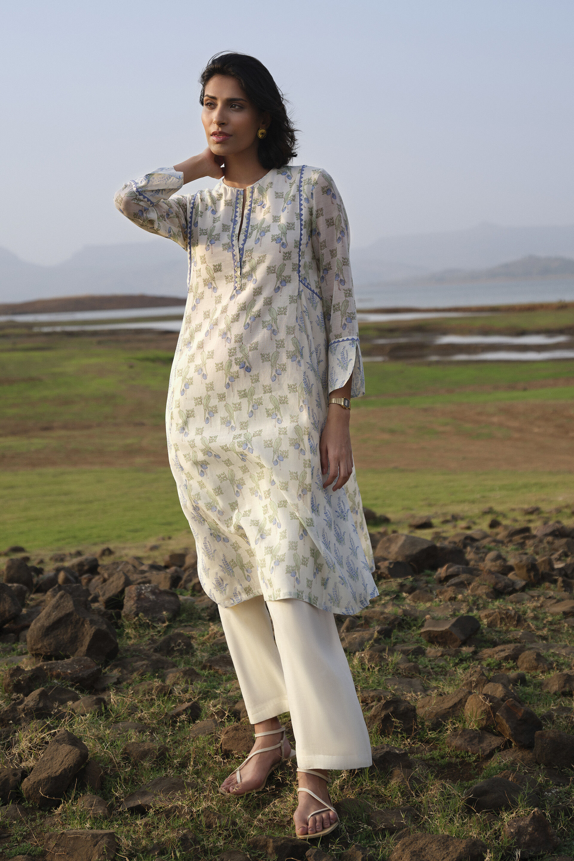 Florin Hand-block Printed Mul Kurta - White