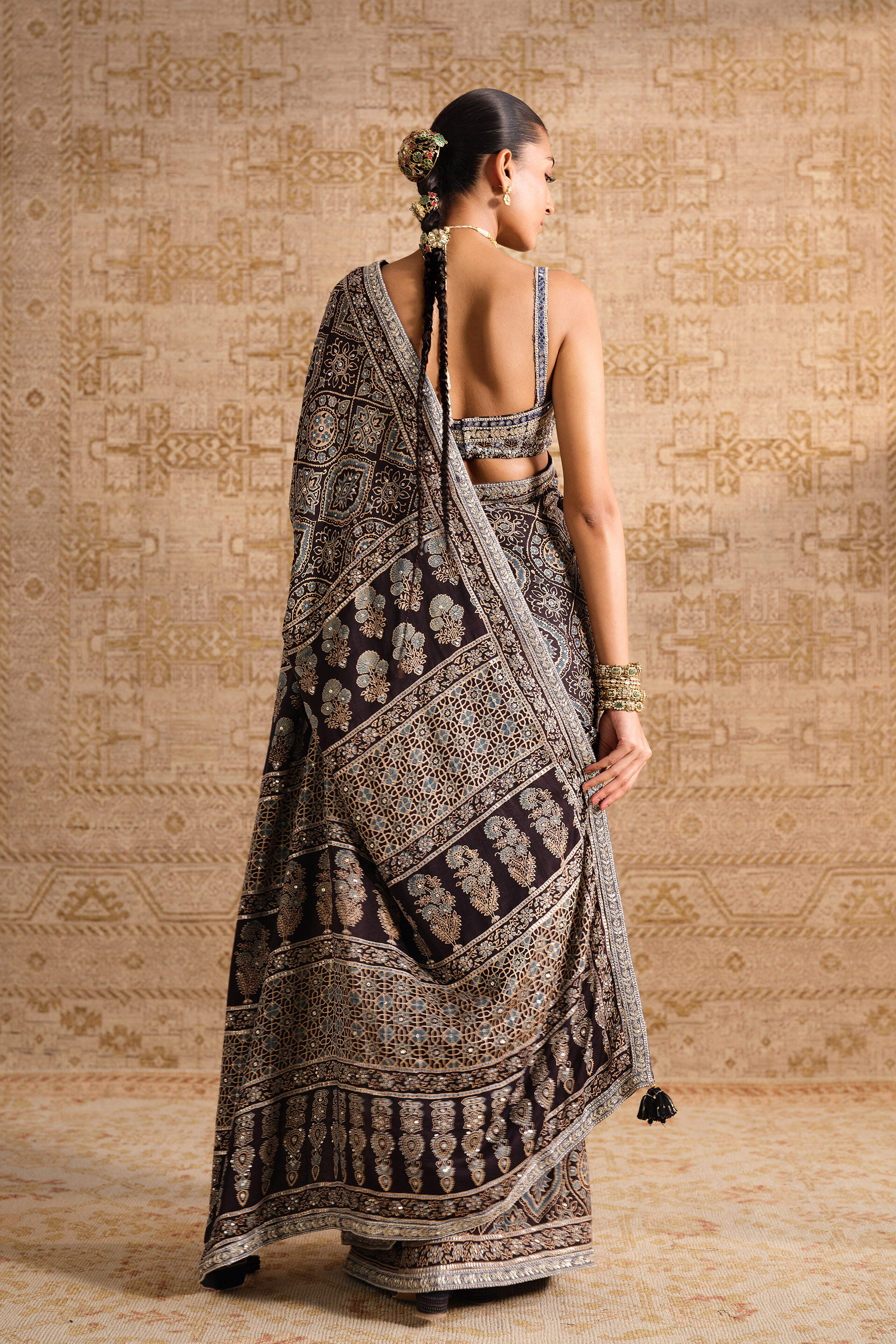 Zansi Ajrakh Hand-block Printed Silk Saree - Black, Black, image 4