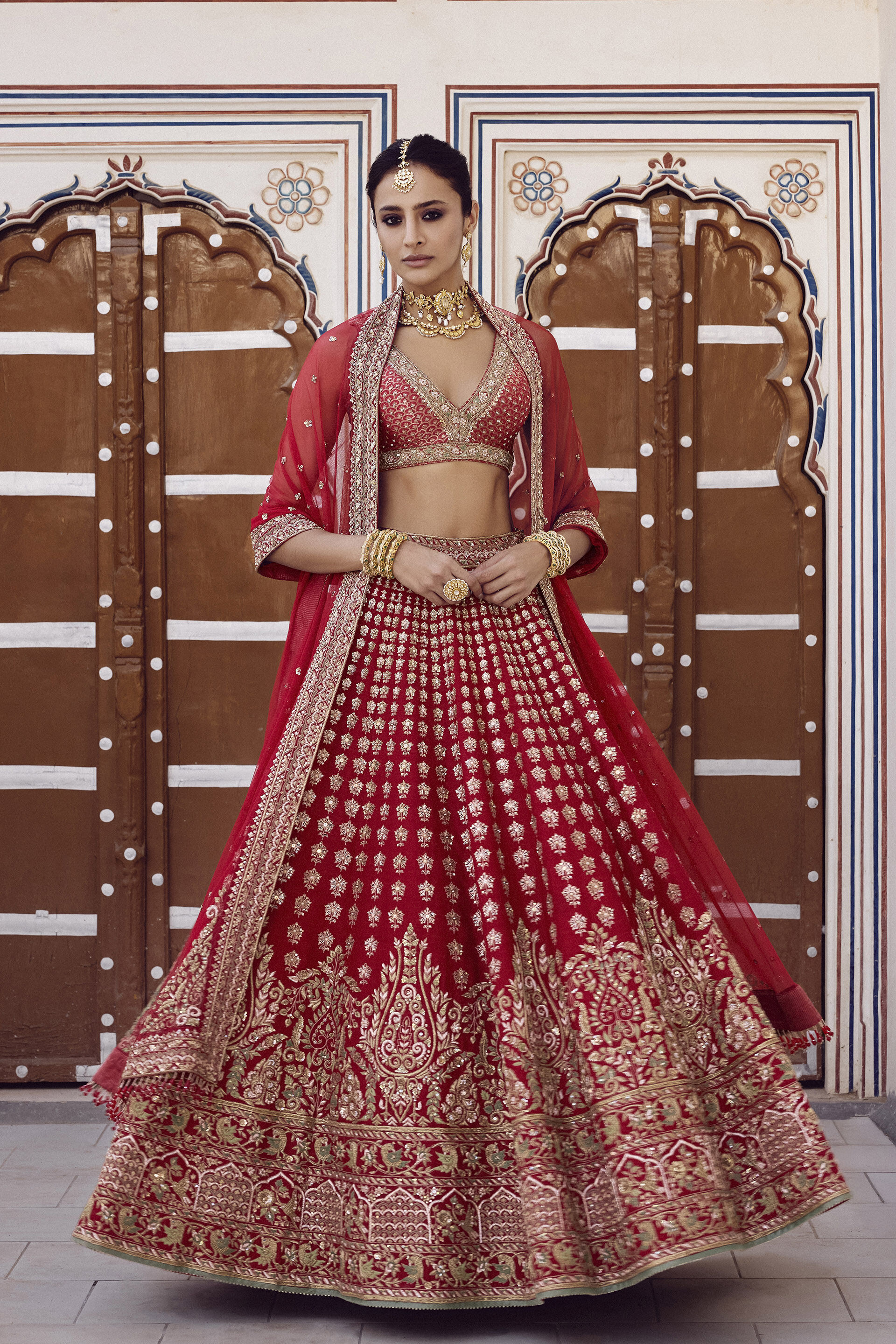 Zamira Embroidered Silk Lehenga Set - Red