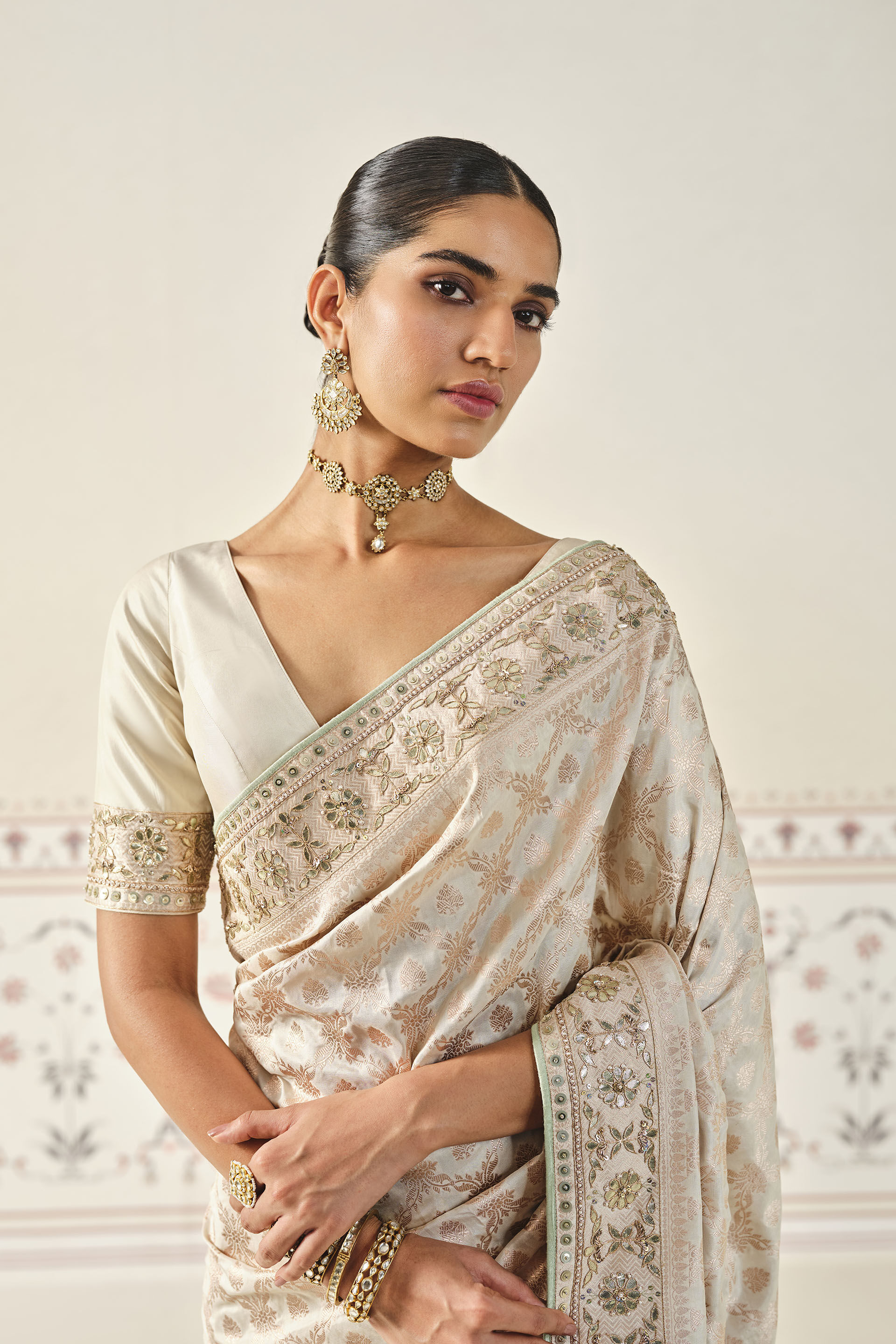 Azores Handwoven Benarasi Gota Patti Silk Saree Cream