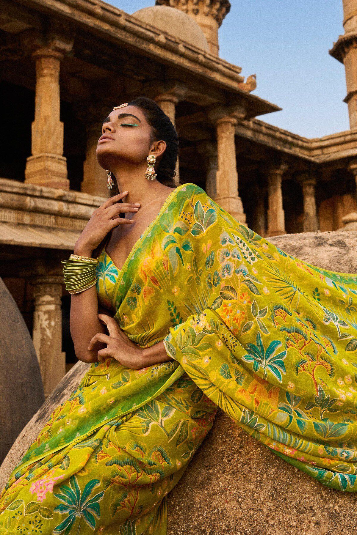 Swan Song Saree Set - Lime, Lime, image 3