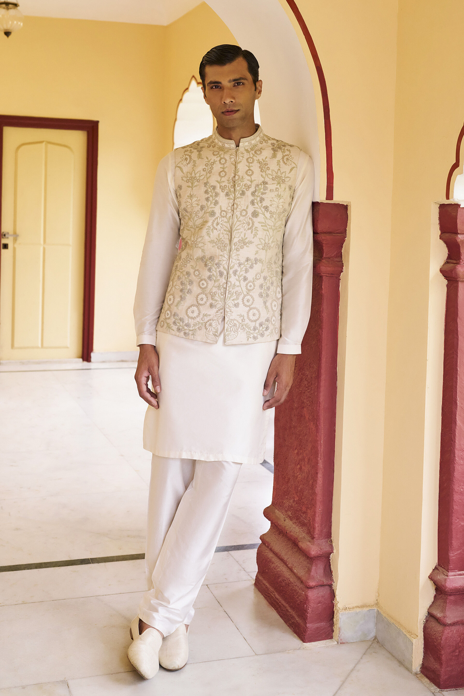 Warmth Embroidered Cord Silk Nehru Jacket - Ivory, Ivory, image 1