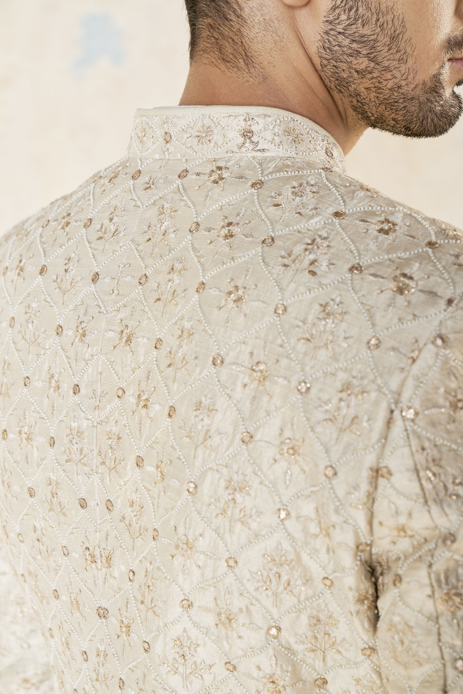 Ainesh Gota Patti & Aari Silk Sherwani - Ivory, Ivory, image 9