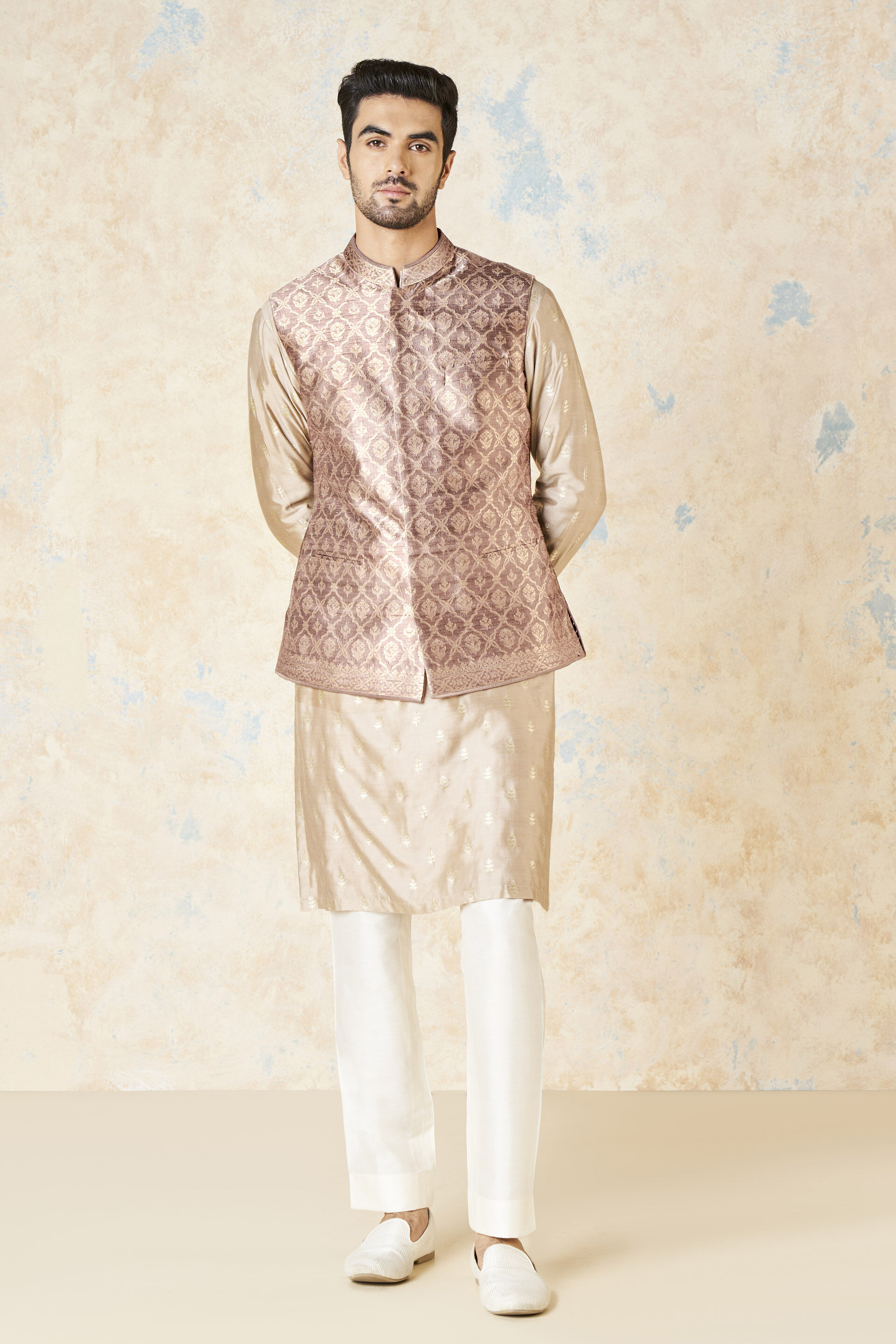 Unman Benarasi Silk Nehru Jacket - Gold