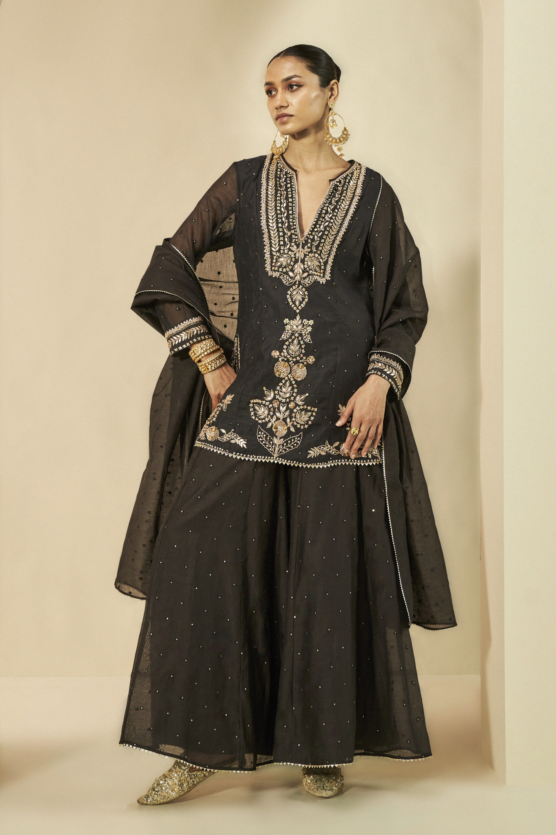 Naaznin Gota Patti Embroidered Mul Sharara Set Black