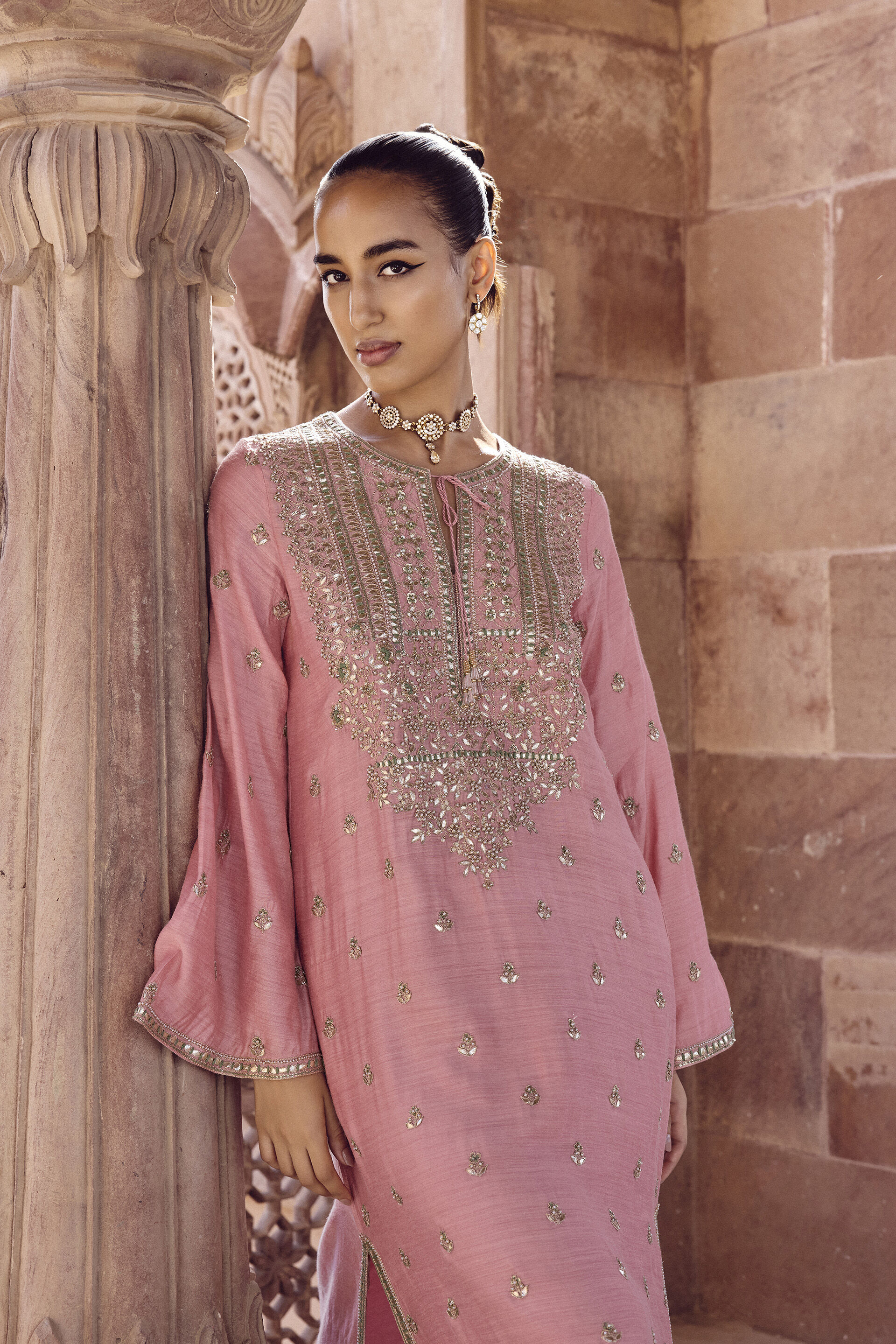 Iraja Gota Patti Silk Kaftan - Blush, Pink, image 3