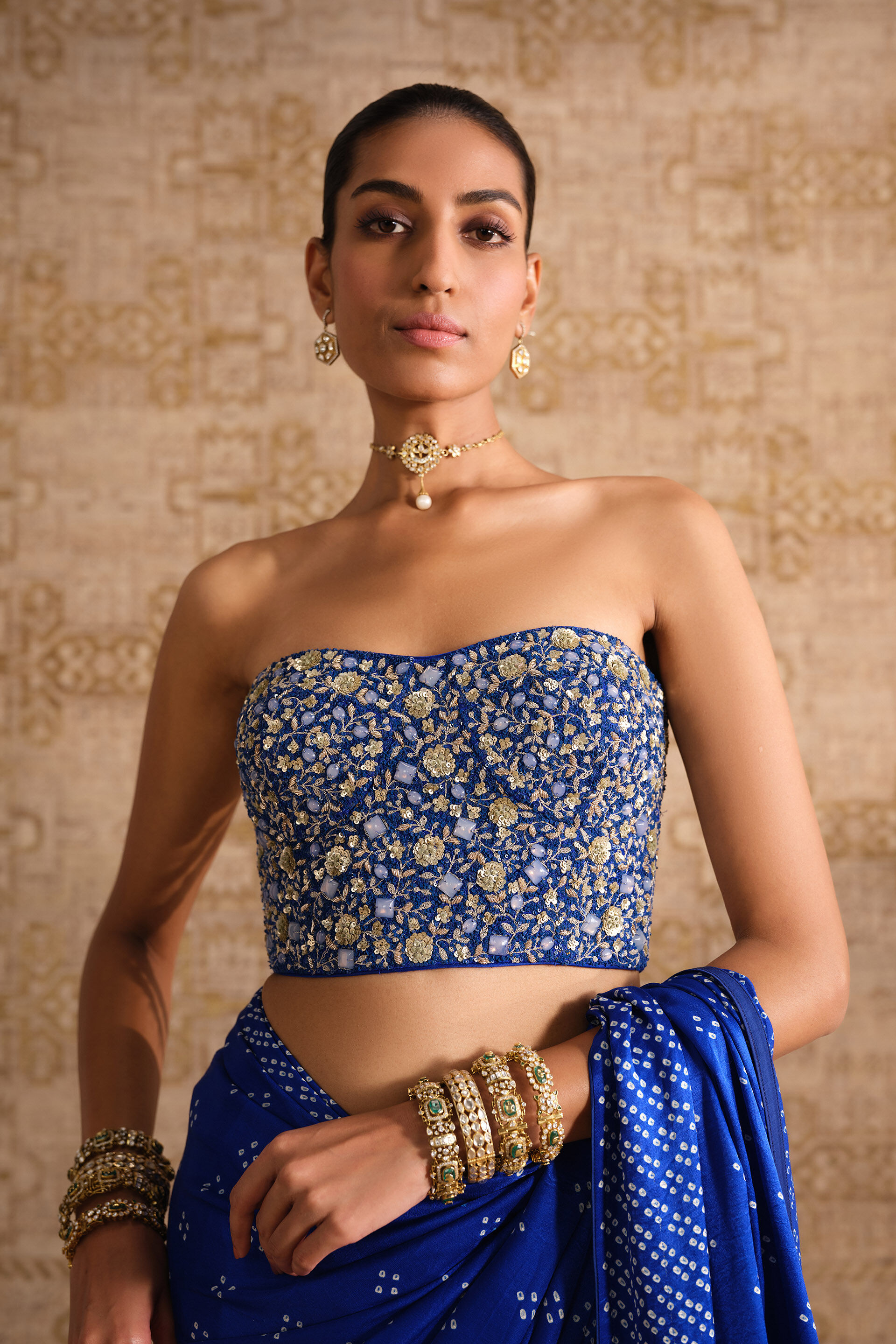 Tarangita Handcrafted Bandhani Fringe Silk Pre-draped Saree - Blue, Blue, image 5