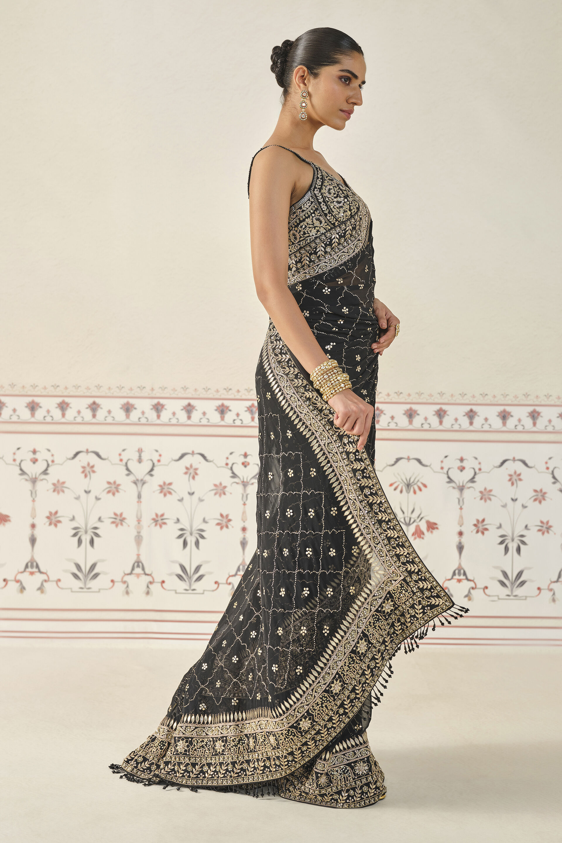 Anushna Handcrafted Badla Georgette Saree - Black, Black, image 3